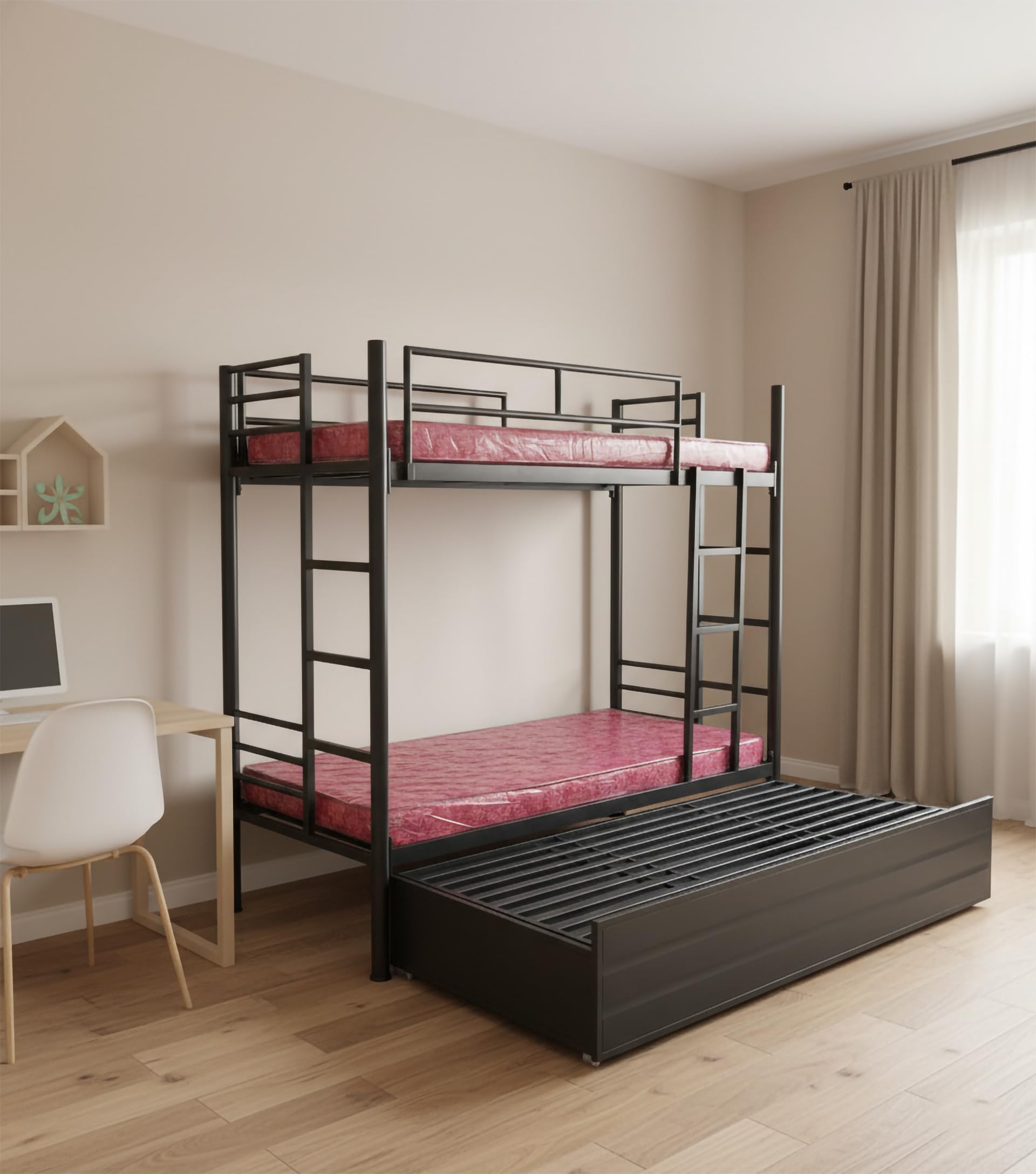 S K Grill Art Wrought Iron Bunk Bed With Storage Box Without Mattress For Adults Metal Frame (Black Powder Coated, 3 X 6 Feet)