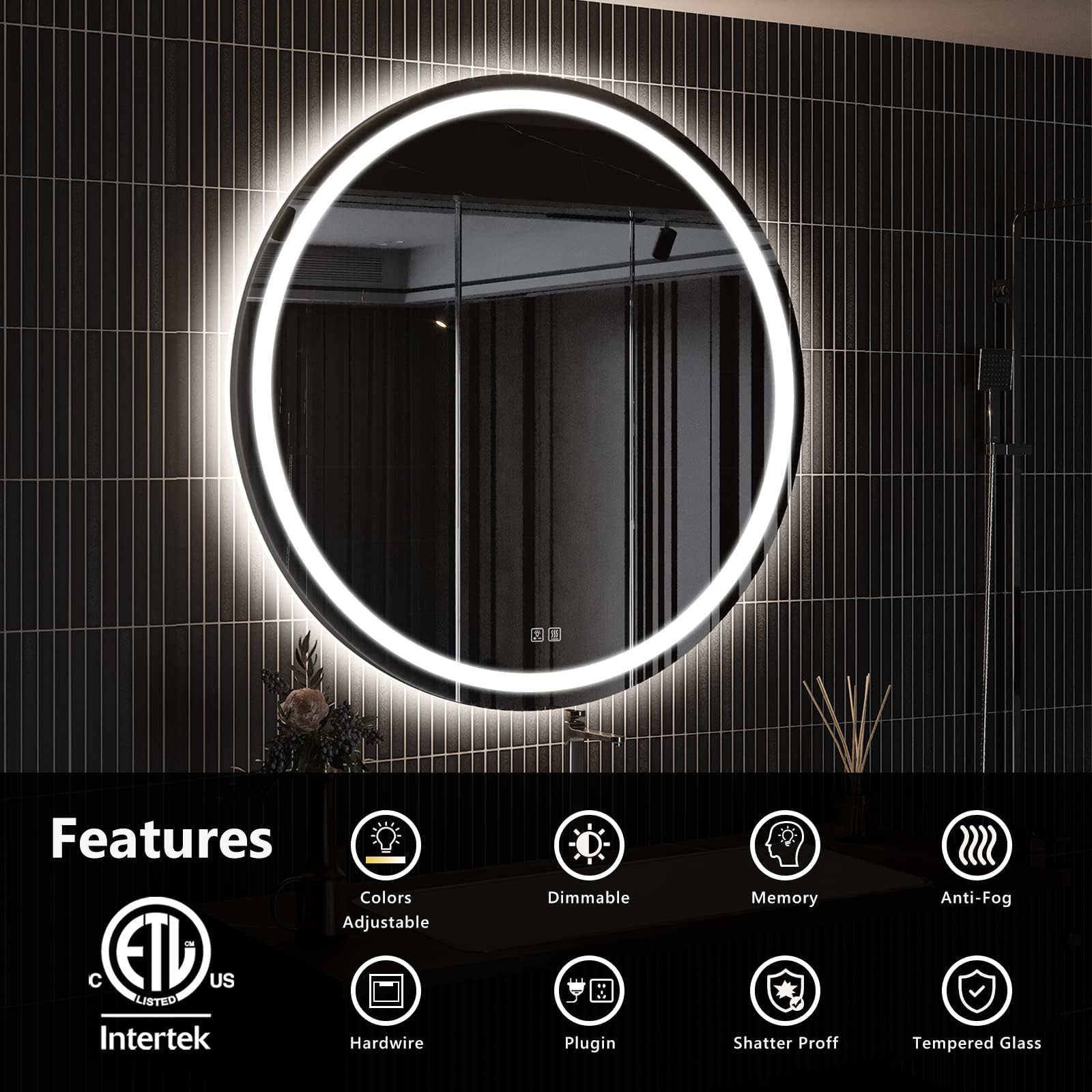 ROOMTEC 44 Inches LED Bathroom Mirror with Front and Backlit Anti-Fog 3 Colors and Dimmable Light(ETL/UL Certification)