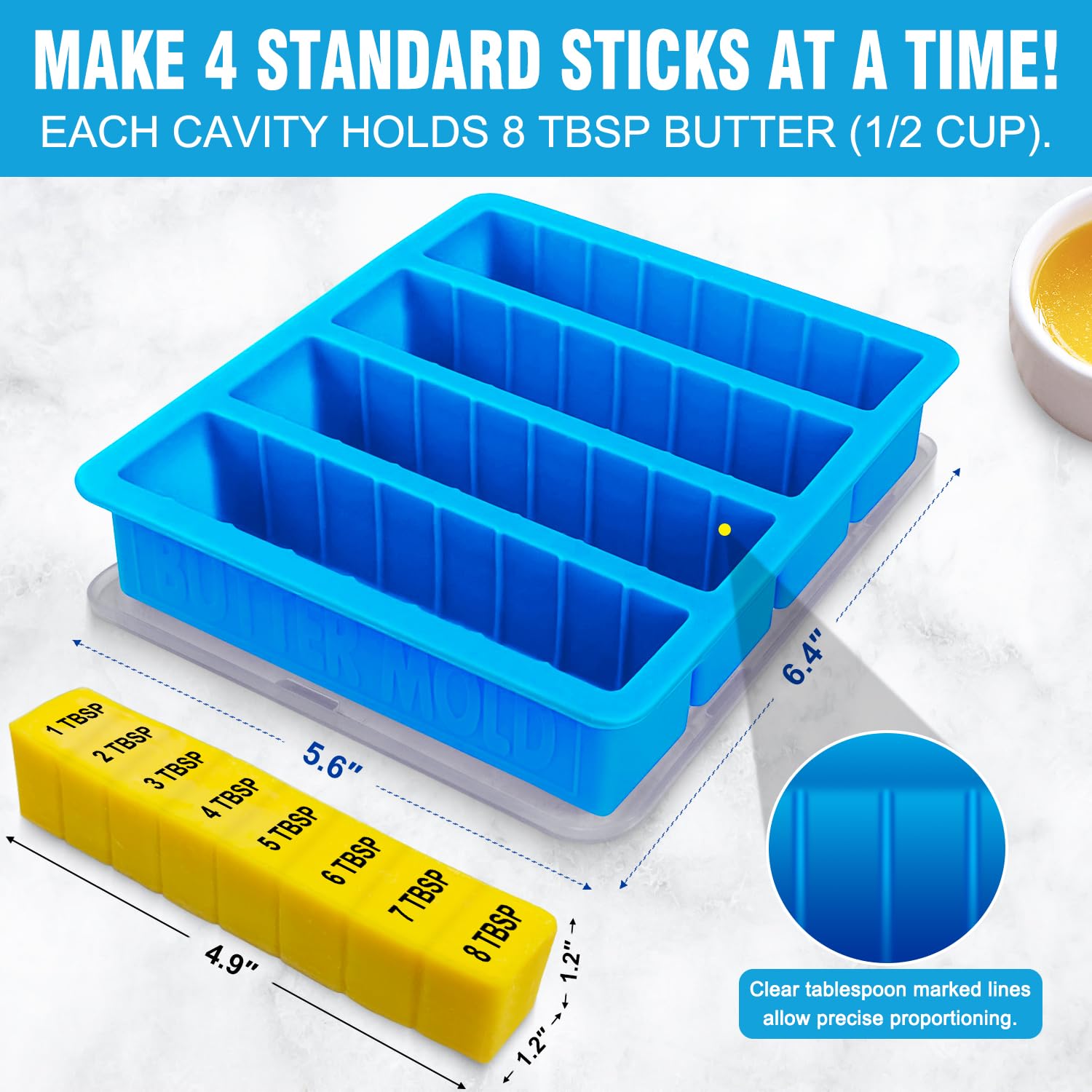 Silicone Butter Mold With Lid, Walfos Non-Stick Butter Tray Fits Standard Butter Stick Size, Large Cavity Butter Maker Holds 8 T