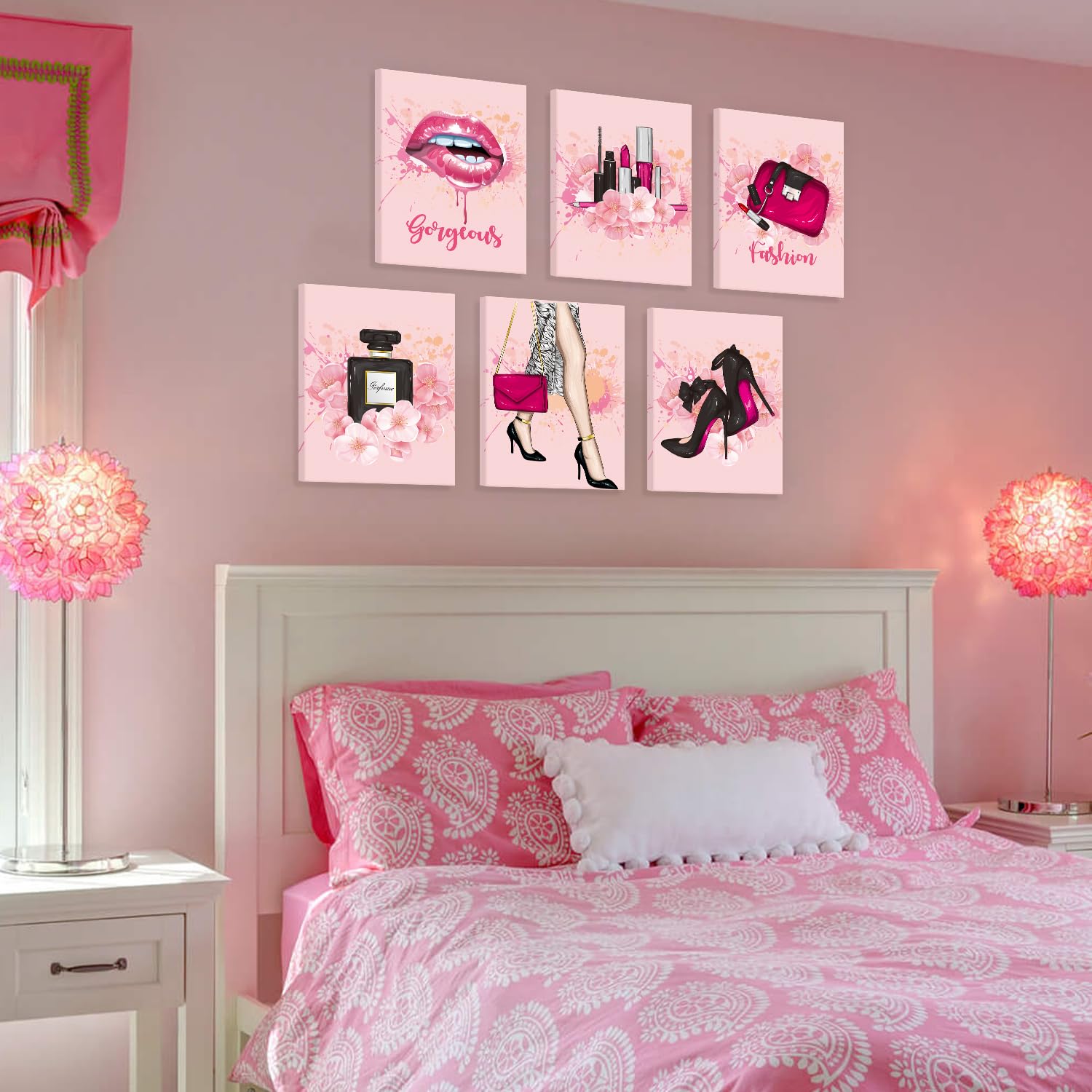 Hpniub Fashion Wall Art, Glam Wall Decor For Living Room, Set Of 6 Piece (12X16Inch,Framed) Pink Girly Beauty Room Pictures Mode