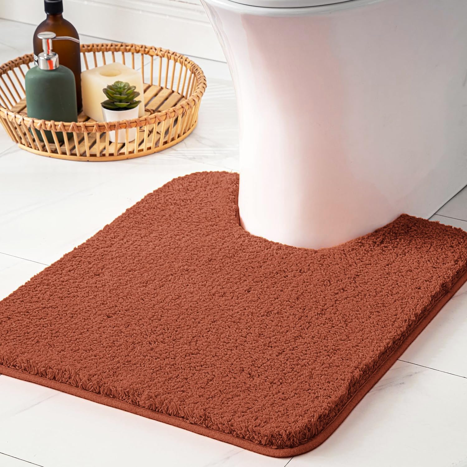 Miulee Fall Rust Microfiber Toilet Bath Mat U-Shaped Contour Shaggy Bathroom Rugs Non Slip Extra Thick Soft Bath Rug Absorbent W