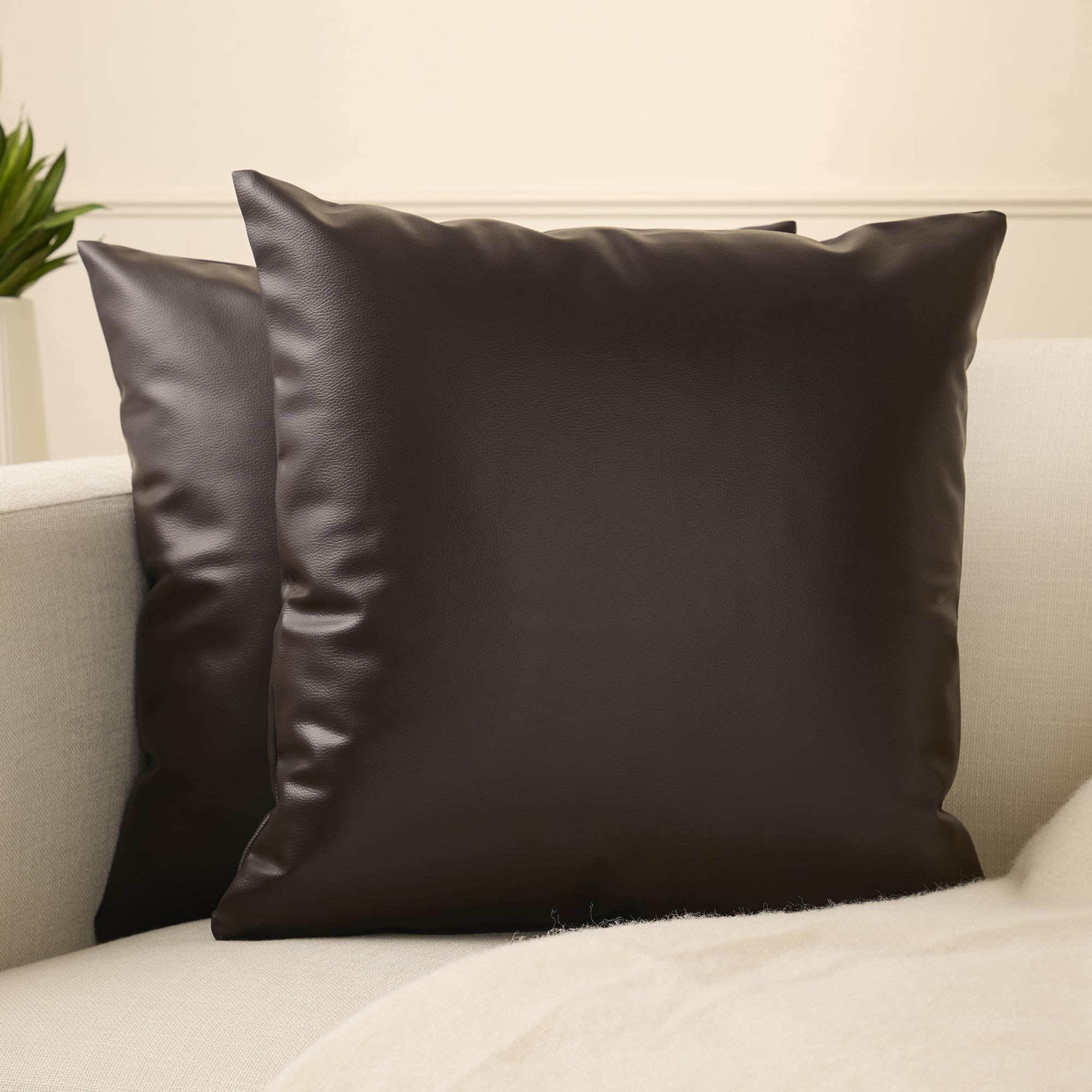 Encasa Xo Faux Leather Cushion Covers 40X40 Cm Set Of 2 | Dark Brown Decorative Cushion Covers | Modern Farmhouse Pillow Cases F