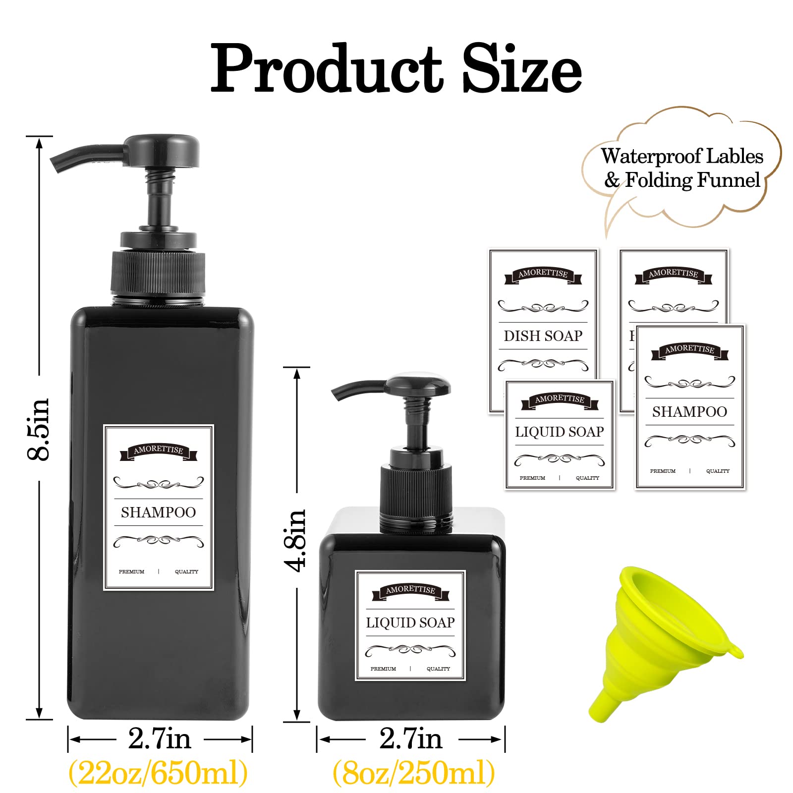 Amorettise 12 Pack Shampoo And Conditioner Dispenser Bottles, 8 Pack 22 Oz And 4 Pack 8 Oz Refillable Square Plastic Pump Bottle