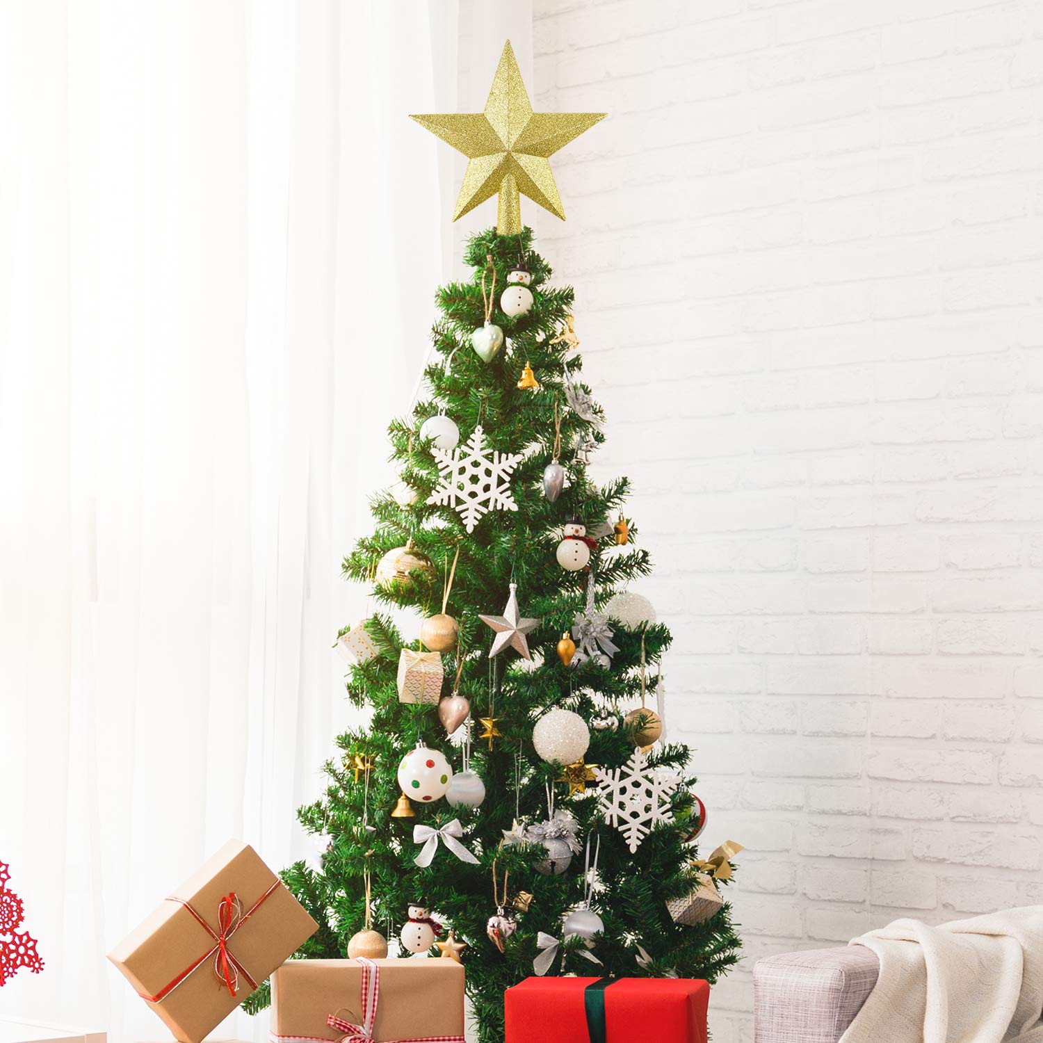 FEPITO 4.3 Inches Glitter Star Mini Christmas Tree Topper Shatter-Proof Small Christmas Tree Decoration Treetop for Holiday Orna