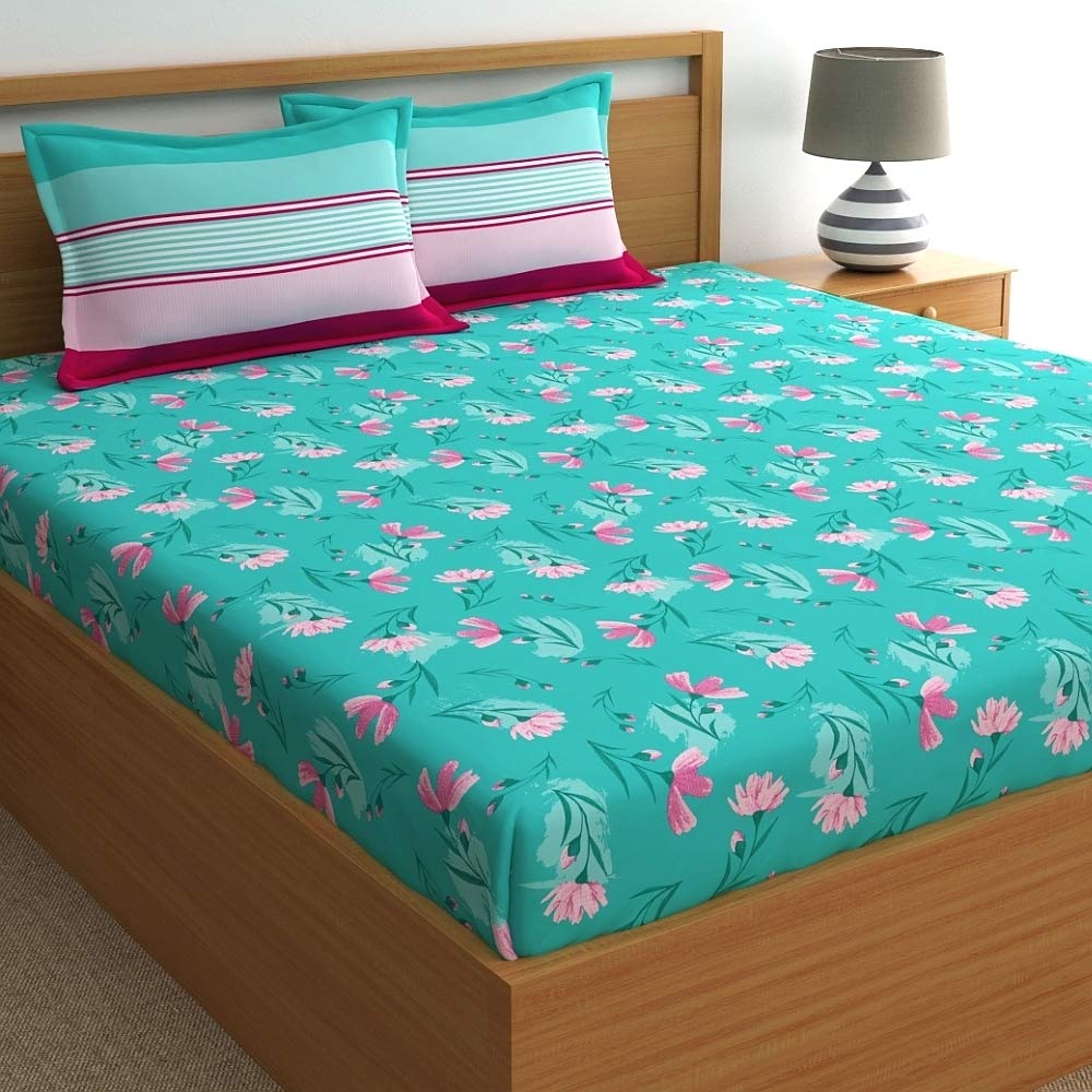 Dreamscape 100% Cotton King Bedsheet With 2 Pillow Covers - (Size 72 X 78 Inches, 140 Tc, Colour - Sea Green: Turquoise Lotus)