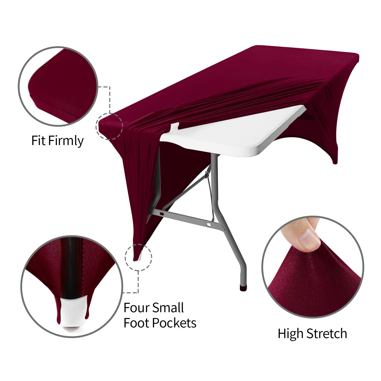 Peomeise 2Pcs 6Ft Spandex Table Cover Rectangular Stretch Spandex Tablecloth (Burgundy,6Ft)