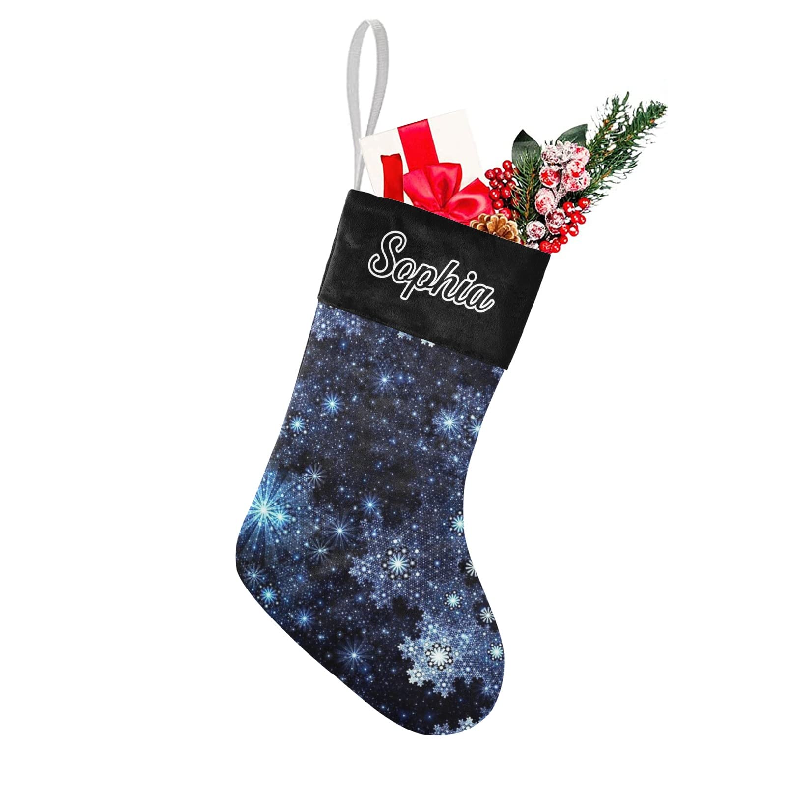 Wintery Blue Snowflake Christmas Stocking with Name Custom Xmas Stockings for Family Wedding Party Decor 17.52 x 7.87 Inch