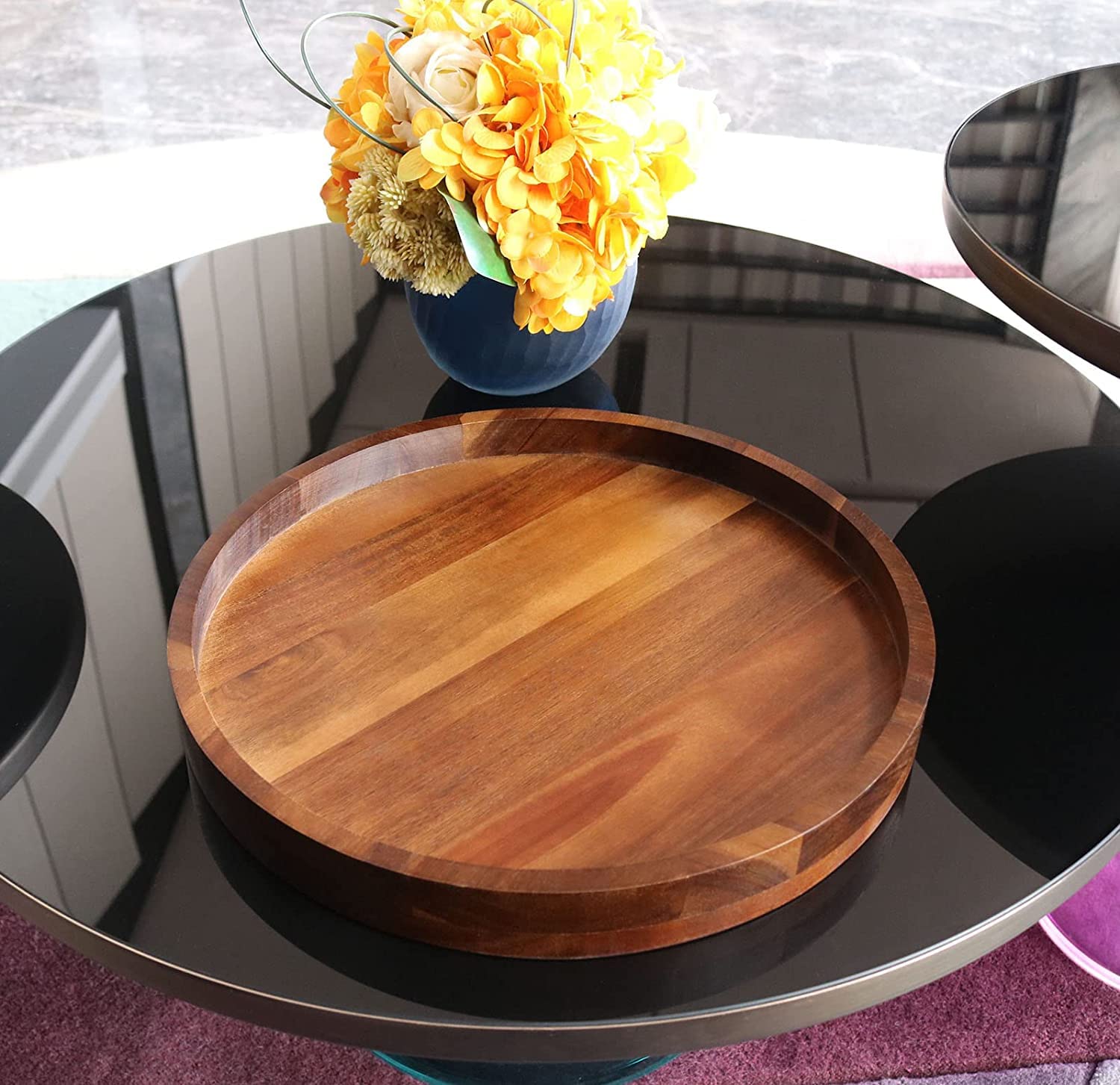 Acacia Wood Round Serving Tray, 13.8'' Charcuterie Board Cheese Tray With Rim, Decorative Tray For Ottoman, Coffee Table, Couch,