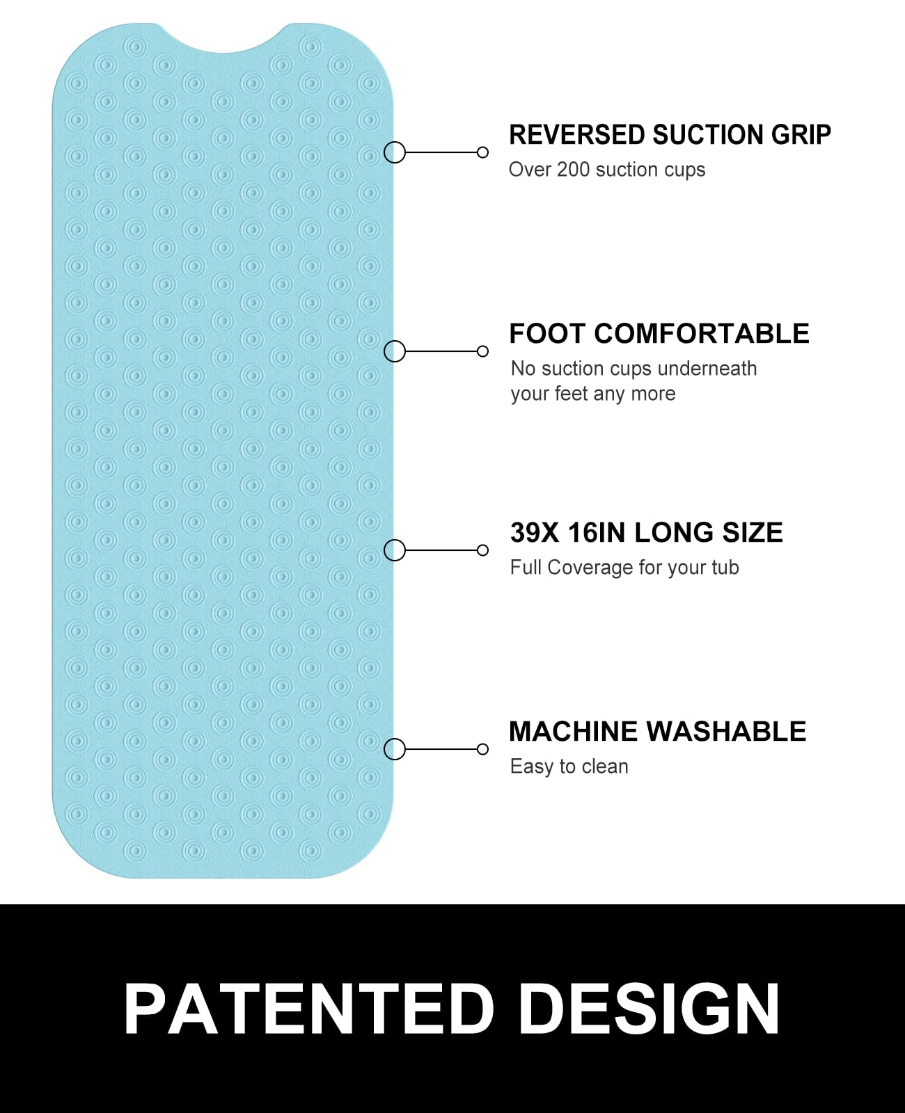 OTHWAY No Suction Cup Bath Mat: 39x16inch Extra Long Bathmat?Perfect for Refinished or Ordinary Bath Tubs?Made of Nature Rubber?a Blessing for The Elderly and Children (Lake Blue)