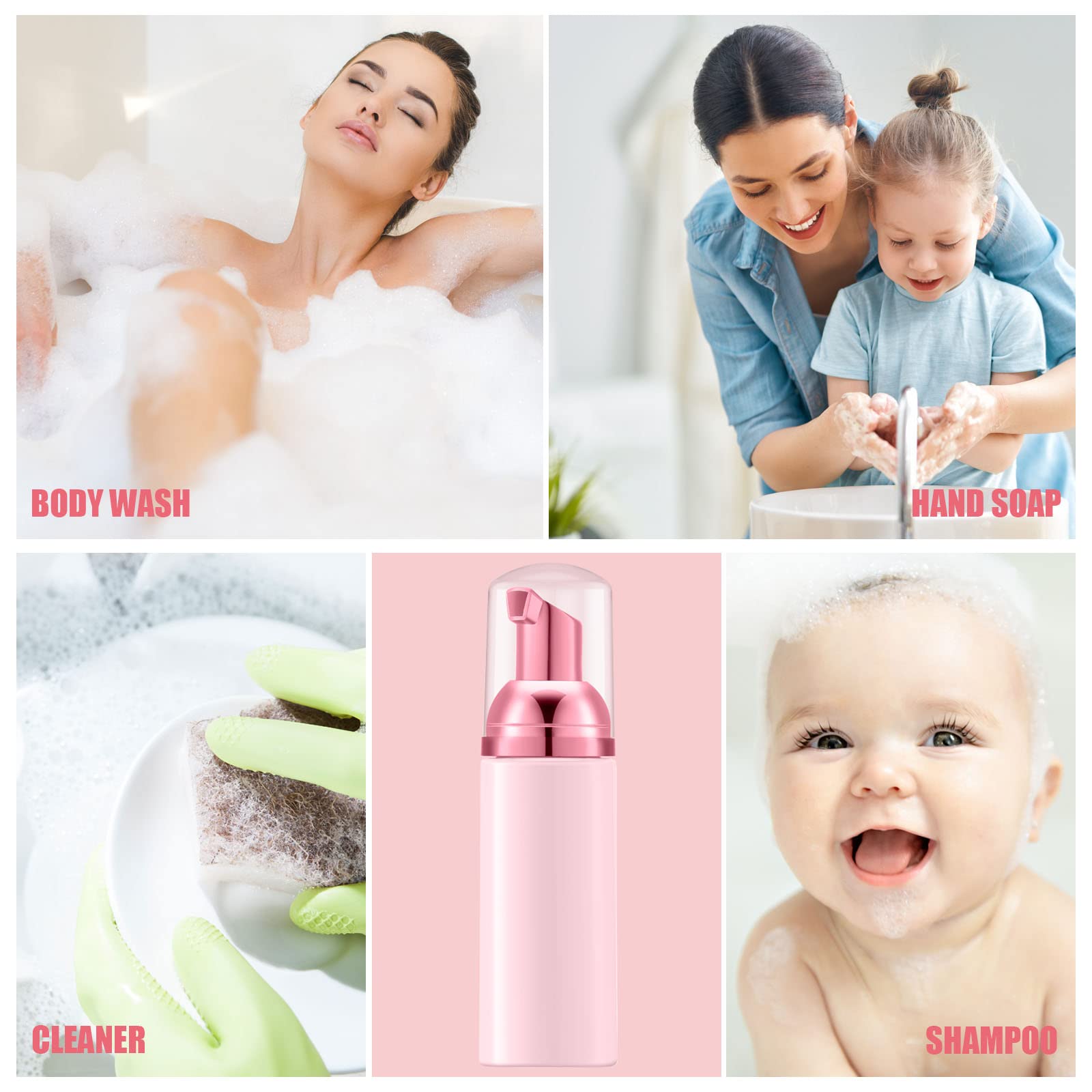 Lil Ray 2 Oz Empty Light Pink Foam Pump Bottle, Travel Foamer Soap Dispenser For Lash Shampoo, Hand Soap, Foaming Cleaner(Rose R