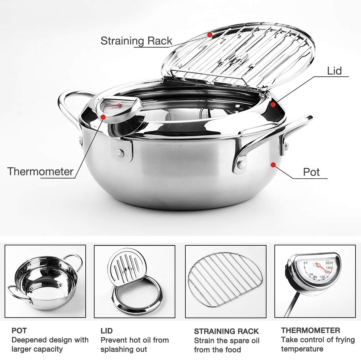 Eamate Tempura Fry Pot, Stainless Steel Tempura Deep Fryer With Thermometer, 8 Inches, Mini Size Perfect For 2-3 People