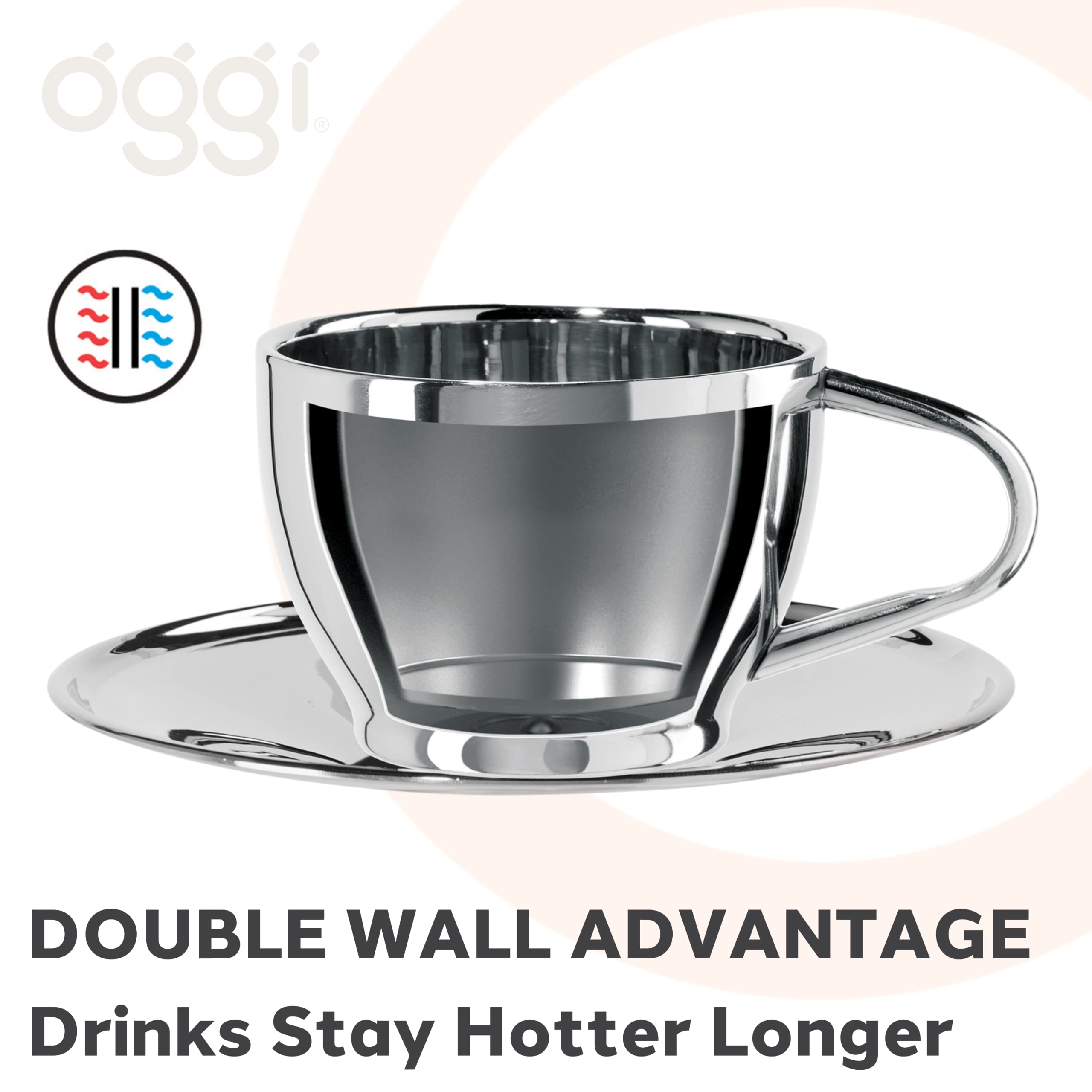Oggi Insulated Coffee Cups 6Oz - Saucer Included - Dual Wall Stainless Steel Technology Coffee Or Tea Cup With Elegant Mirror Fi