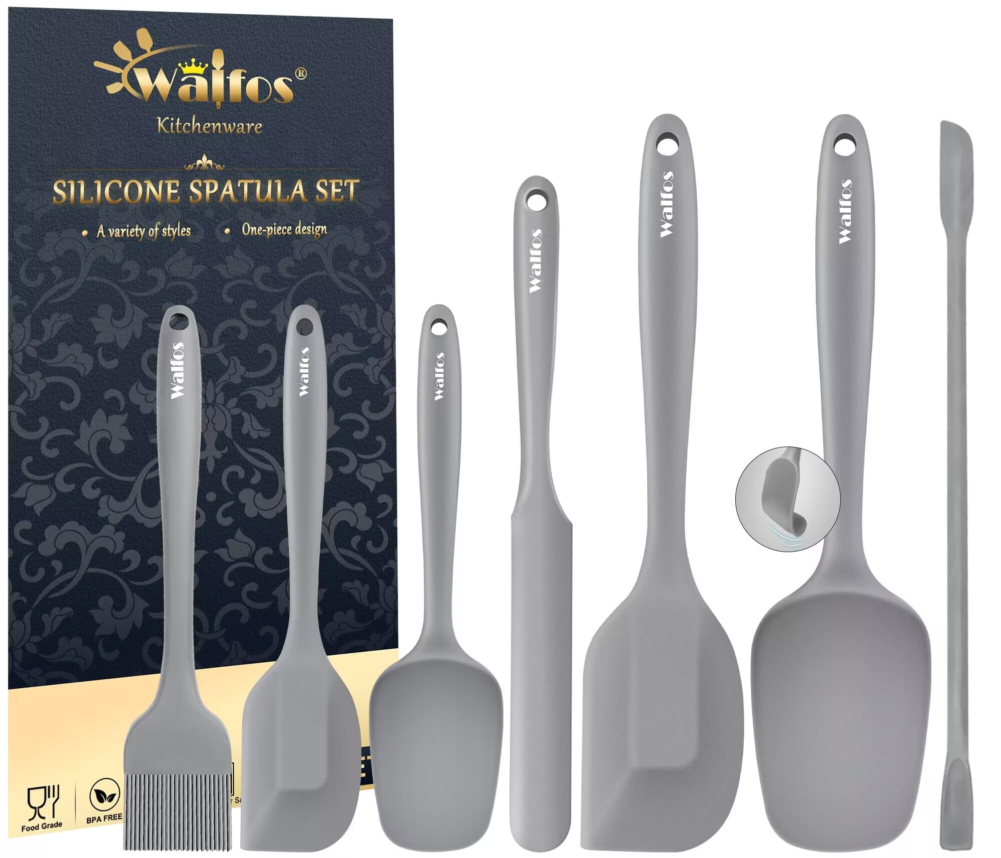 Walfos Silicone Spatula Set (7Pcs) - 600? Heat Resistant Silicone Scraper Spatulas With Stainless Steel Core, Non Stick Flexible