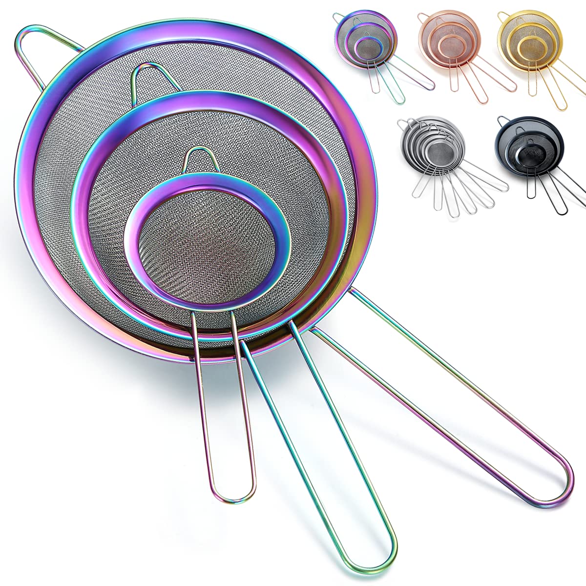 Kyraton Rainbow Fine Mesh Strainer 3 Pieces Set, Copper Flour Sifter For Baking, Stainless Steel Clander, Matcha Tea Strainer, G
