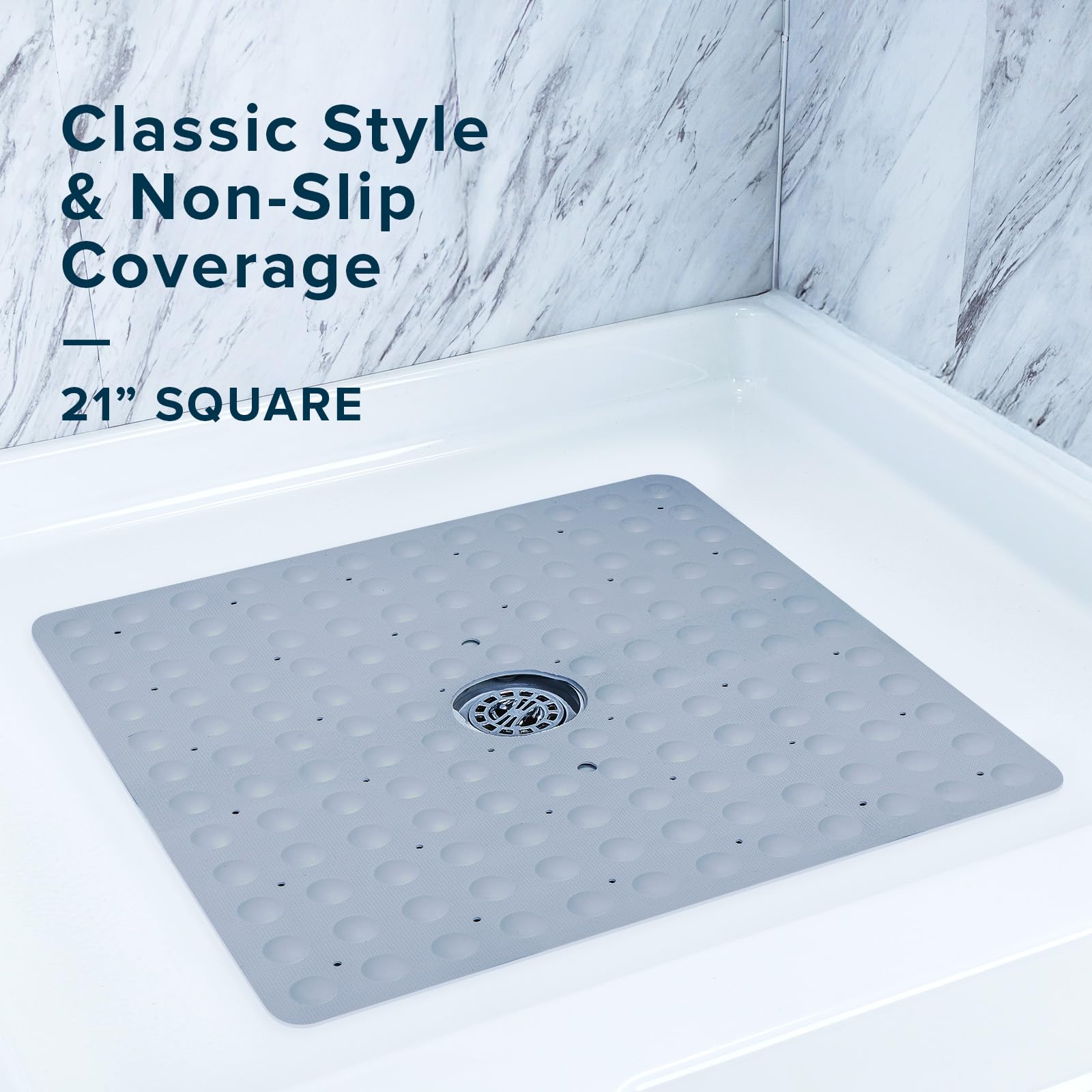 SlipX Solutions Microban-Infused Rubber Shower Mat  21'' x 21''  Anti-Slip Square Bath Mat w/ 140 Power Grip Suction Cups  Gray