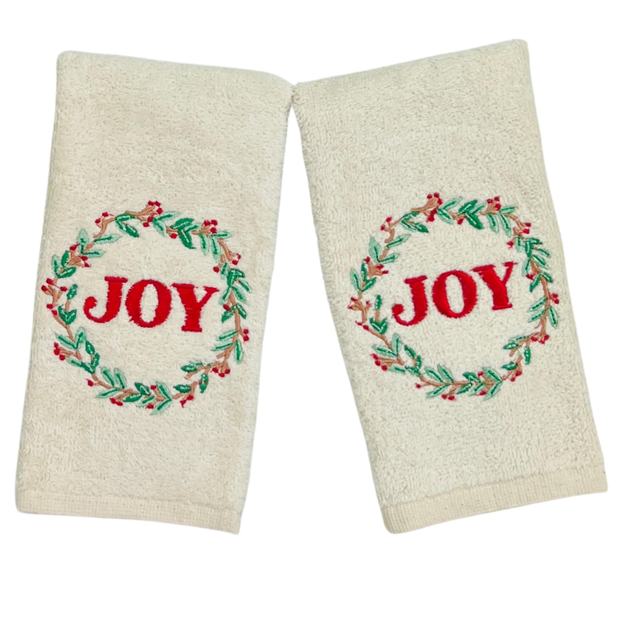 Serafina Home Christmas Fingertip Bath Guest Towels, Embroidered Joy Holly Wreath, 2 Piece Set, 12 X 18 Inches 100% Cotton