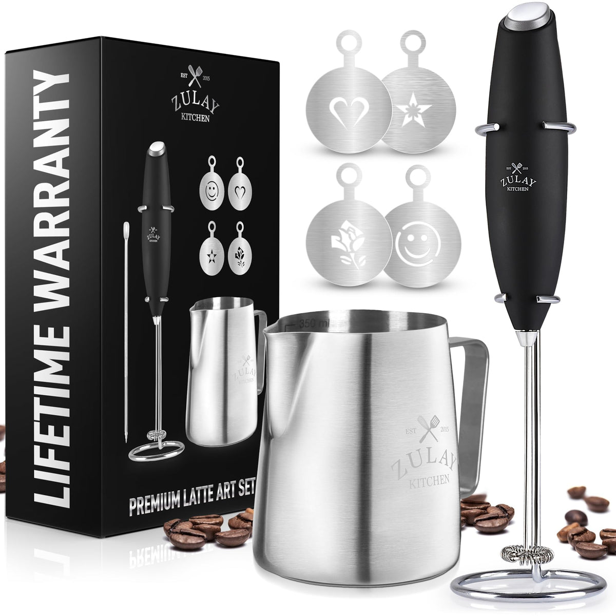 Zk Milk Frother Pitcher Stencil Stirrer Set - Black