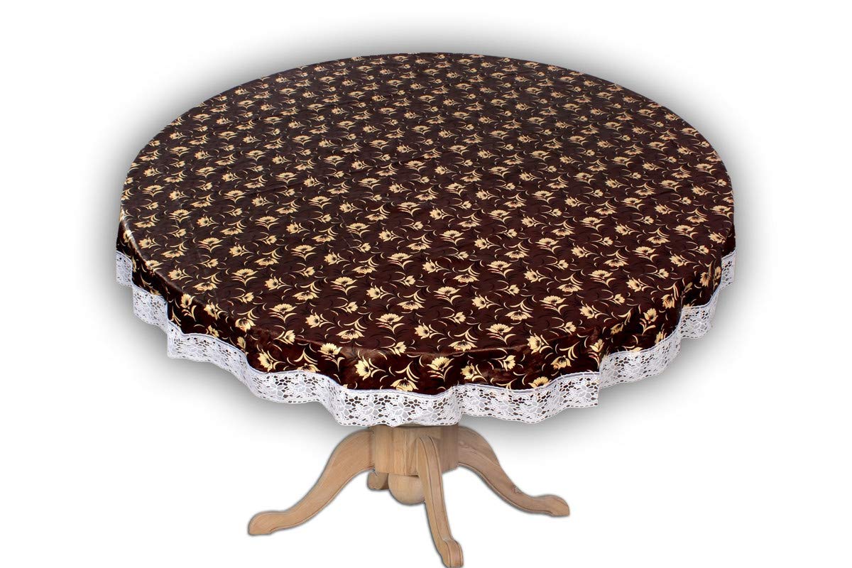MANUFACTORY Center & Dining Table Cover Brown Color Flower Printed Table Cloth with White Lace  Waterpoof & Dustproof Round Sha