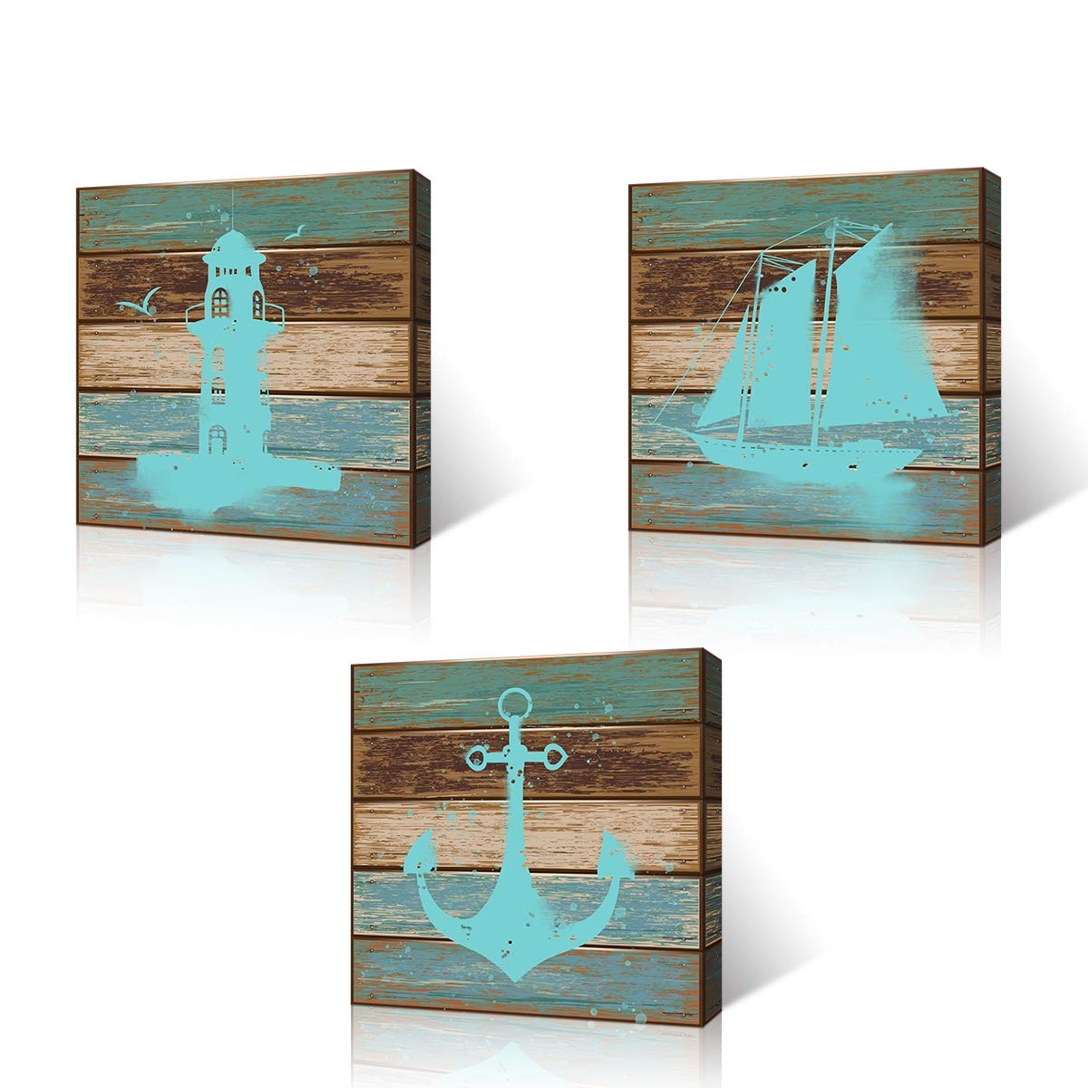 Vvovv Wall Decor Nautical Wall Art Ocean Lighthouse Anchor Sailingboat Painting Teal Blue Canvas Art Print Wood Texture Print Ga