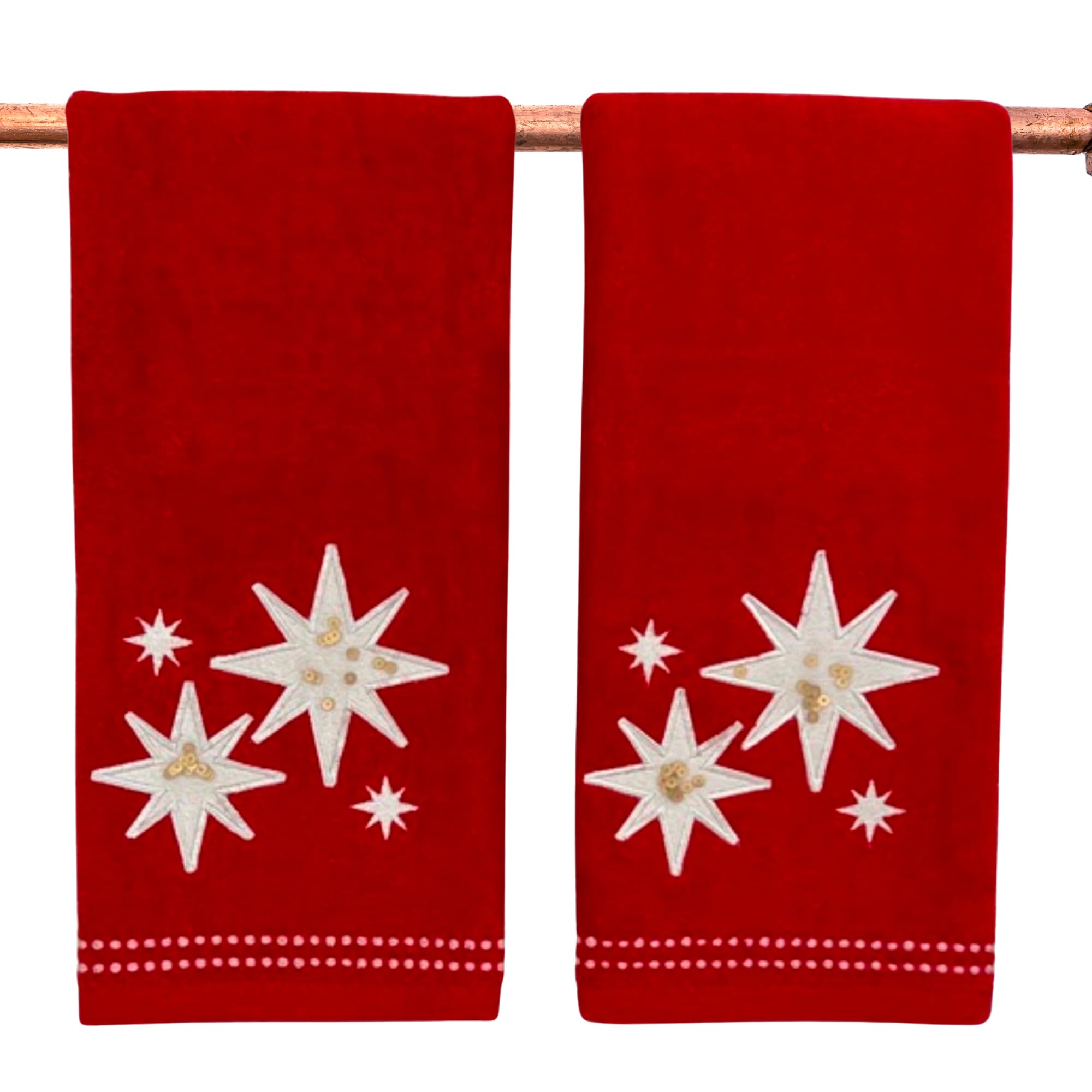 Christmas Bath Hand Towels, Stars With Sequins, Cotton, Red, 16'' X 25'', Set Of 2