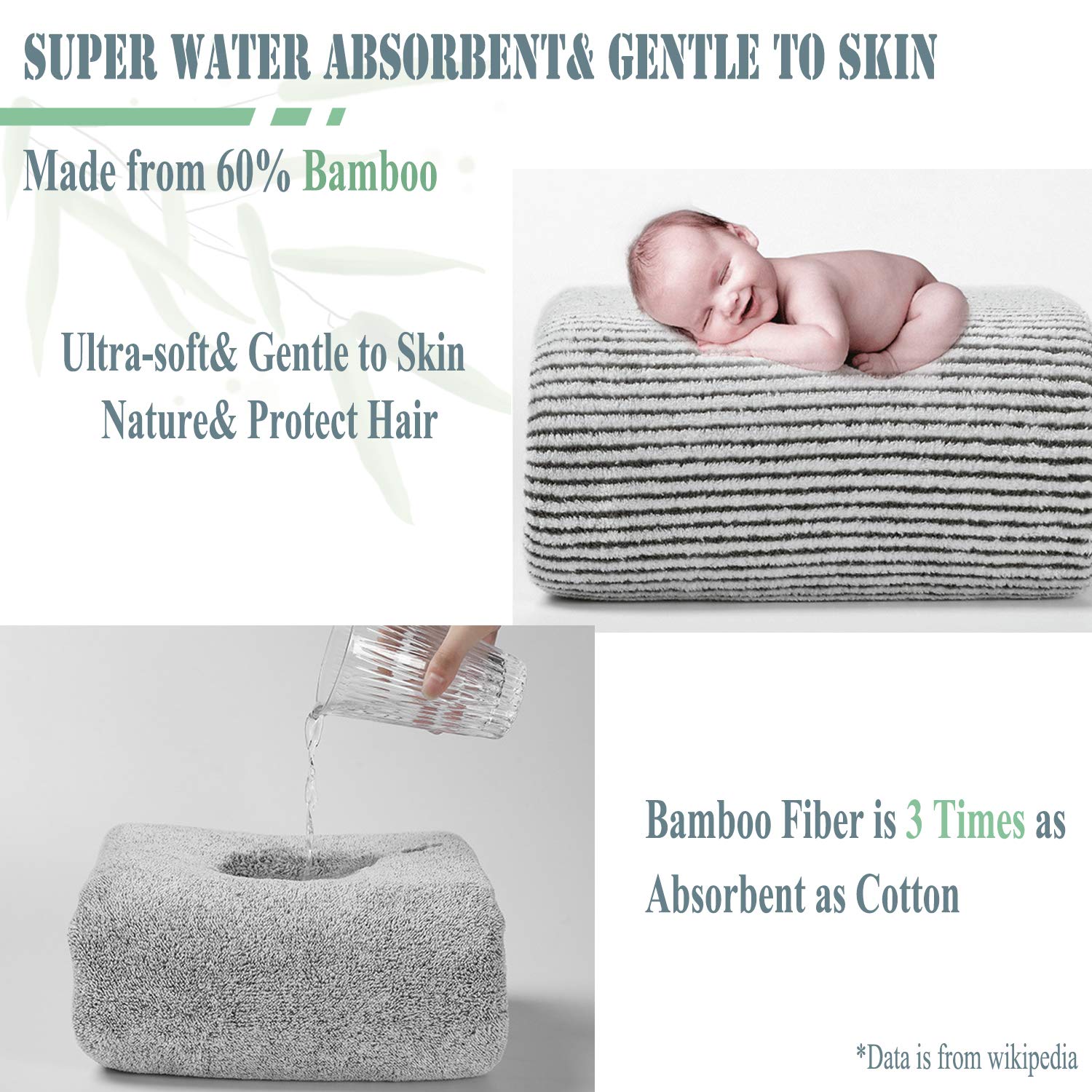 ELLEWIN Bamboo Hair Towel Wrap 2 Pack, Microfiber Hair Drying Shower Turban with Buttons,Super Absorbent Quick Dry Hair Towels f