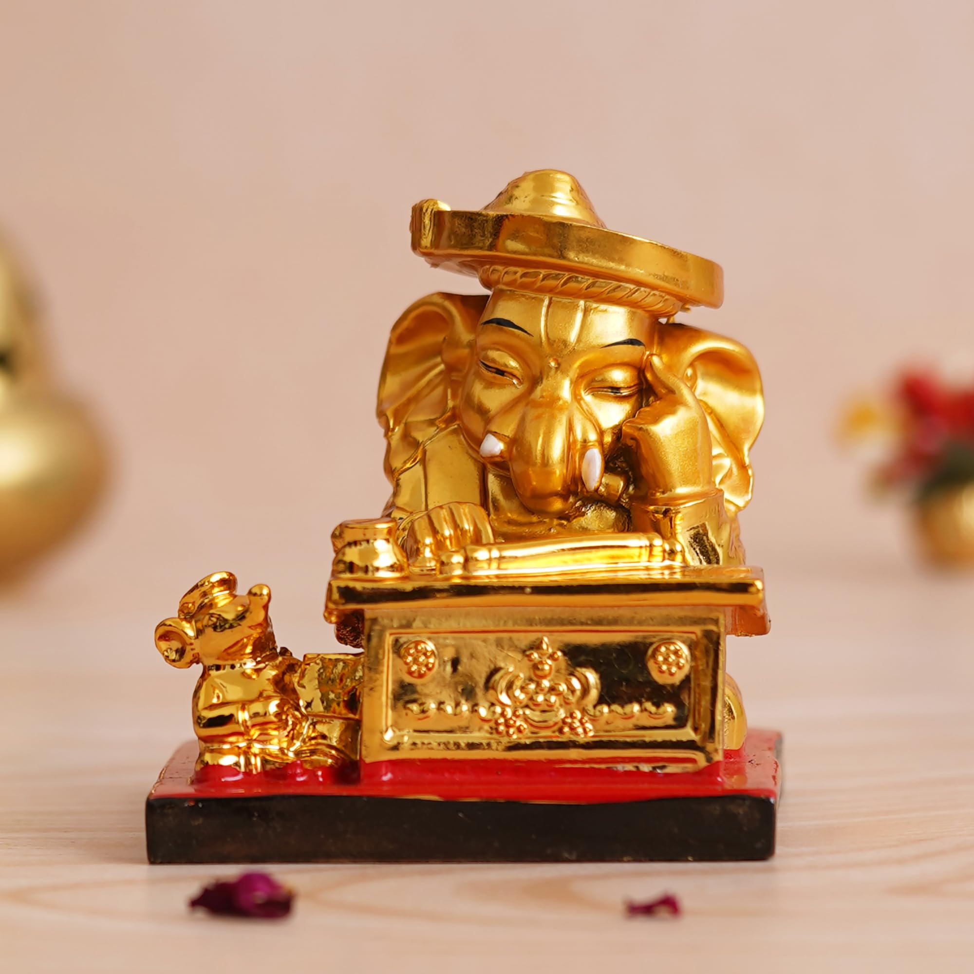 Ecraftindia Golden Resin Munim Lord Ganesha Statue | God Idol For Office, Shop, Study Table, Home Temple, Car Dashboard | Ideal 