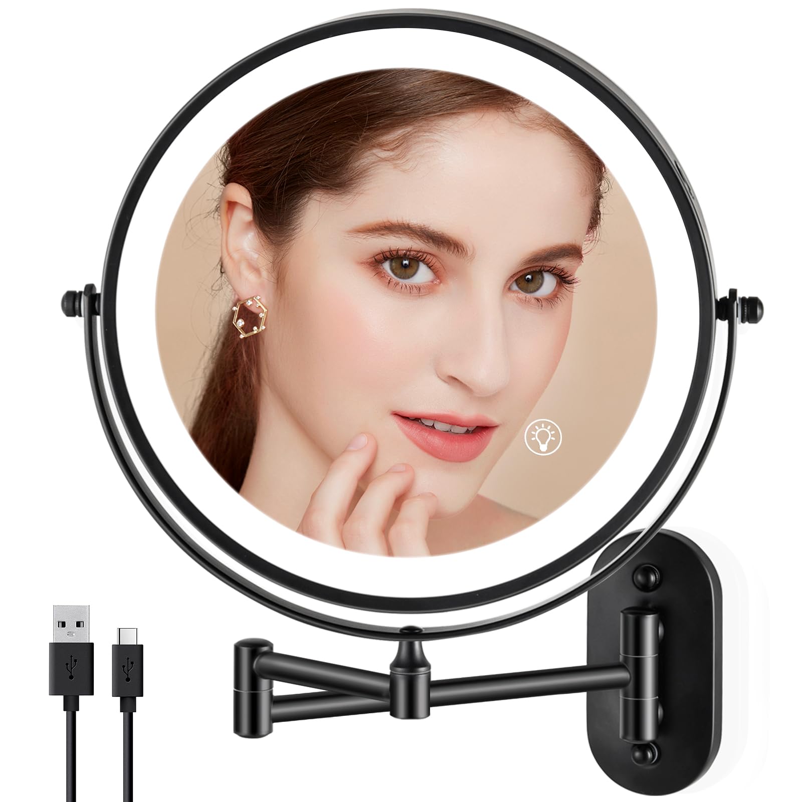 Rechargeable Wall Mounted Makeup Mirror, 8.5 Inch Double-Sided 1/10X Magnifying Bathroom Mirror With 3 Color Lights, Lighted Van