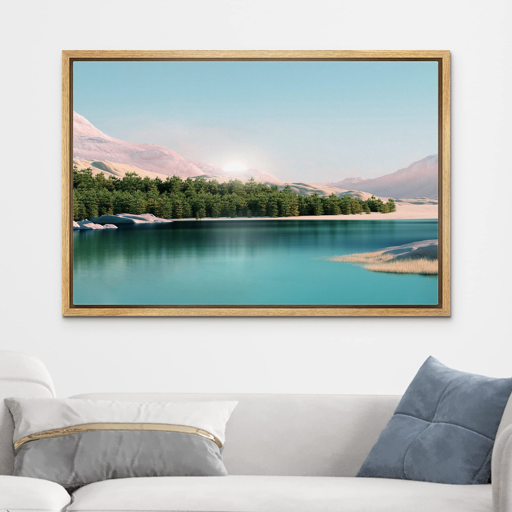 wall26 Framed Canvas Print Wall Art Pastel Mountain Forest Teal Lake View Nature Wilderness Photography Realism Earth Scenery Rustic Scenic Landscape for Living Room  Bedroom  Office - 16''x24'' NATURAL