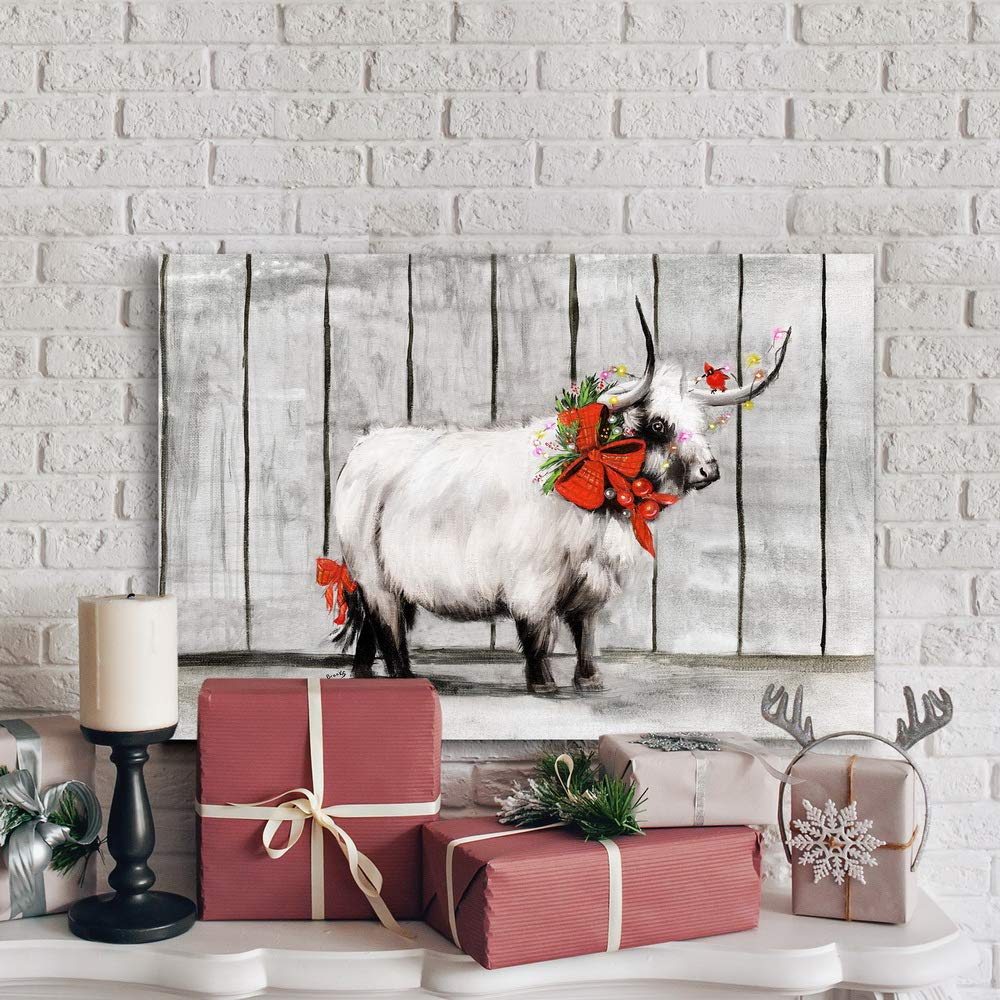Renditions Gallery Canvas Nature Wall Art Paintings & Prints Artwork Winter Red Bow Cattle Glam Modern Festival Wall Hanging Dec