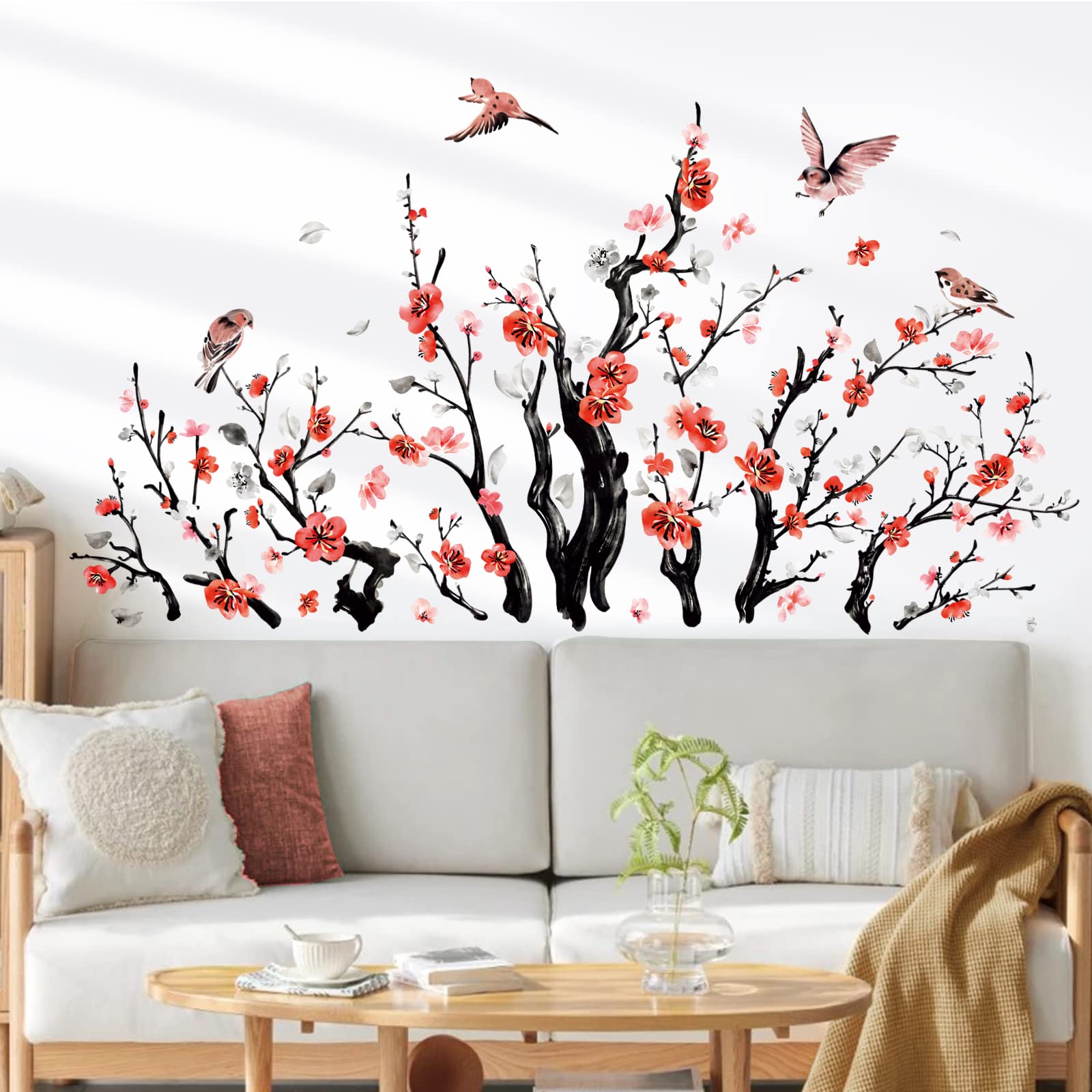 Wondever Watercolor Flower Tree Branch Wall Stickers Blossom Red Floral Birds Peel And Stick Wall Art Decals For Living Room Bed