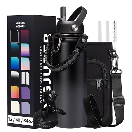 Vacuum Insulated Water Bottle 40oz - w/Straw Lid & Spout Lid  Carrier Bag  Paracord Handle  Bottle Boot  Reusable Stainless Steel Water Bottle for Adults  Wide Mouth Thermo Flask Cold-48H Hot-24H
