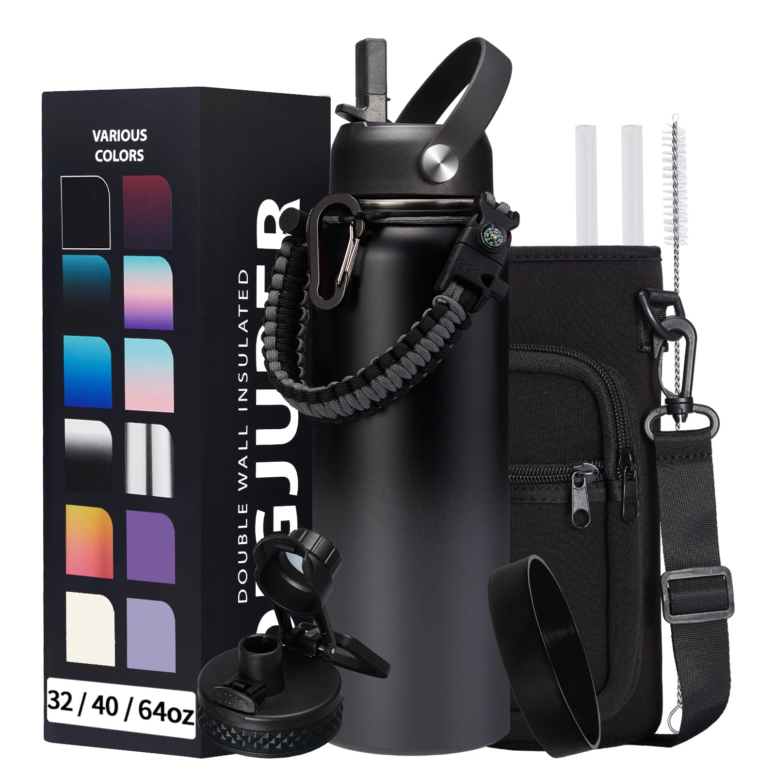 Vacuum Insulated Water Bottle 40oz - w/Straw Lid & Spout Lid  Carrier Bag  Paracord Handle  Bottle Boot  Reusable Stainless Steel Water Bottle for Adults  Wide Mouth Thermo Flask Cold-48H Hot-24H