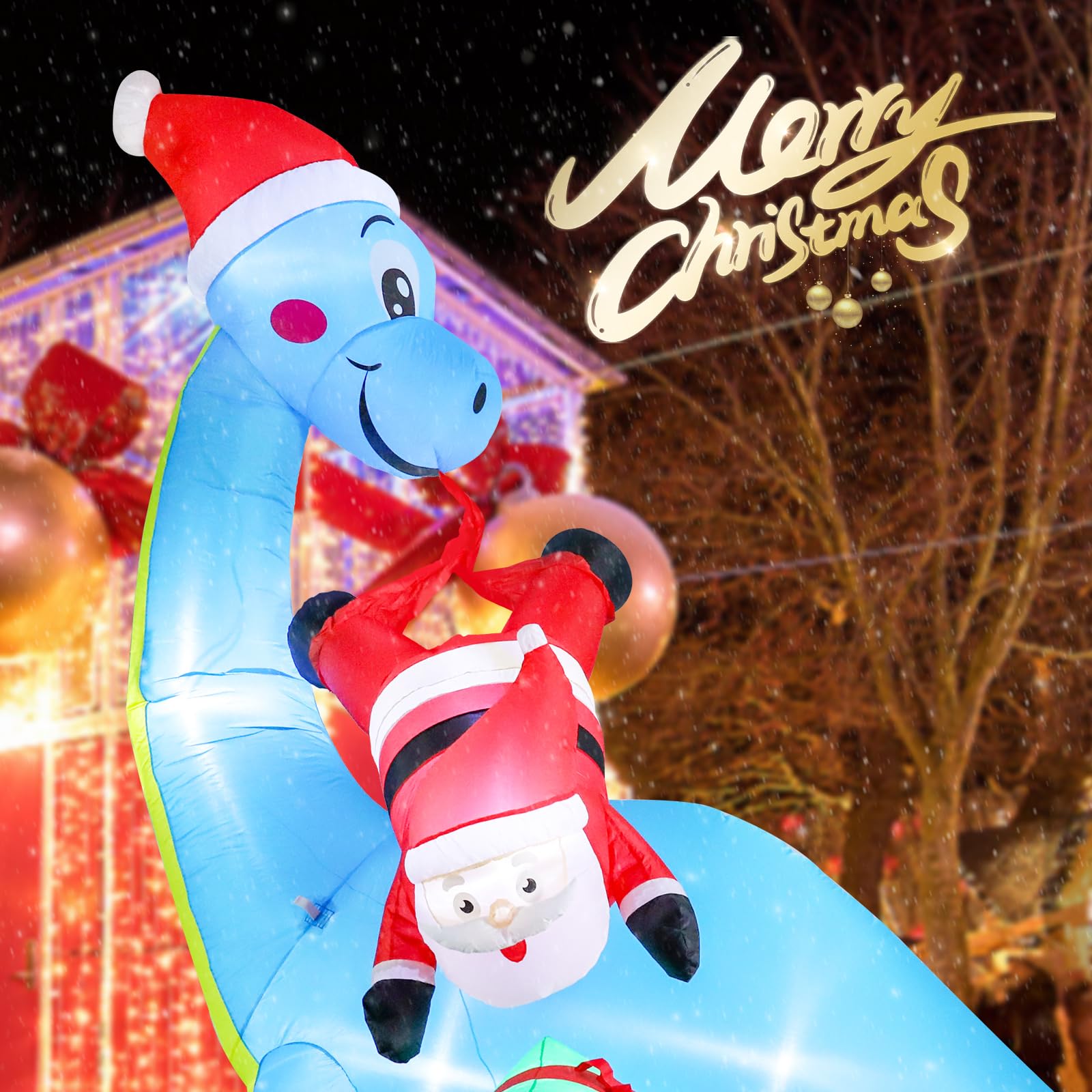 MUMTOP 10 FT Christmas Inflatables Giant Dinosaur with Santa, Blow Up Outdoor Decorations with LED Lights Built-in for Holiday P