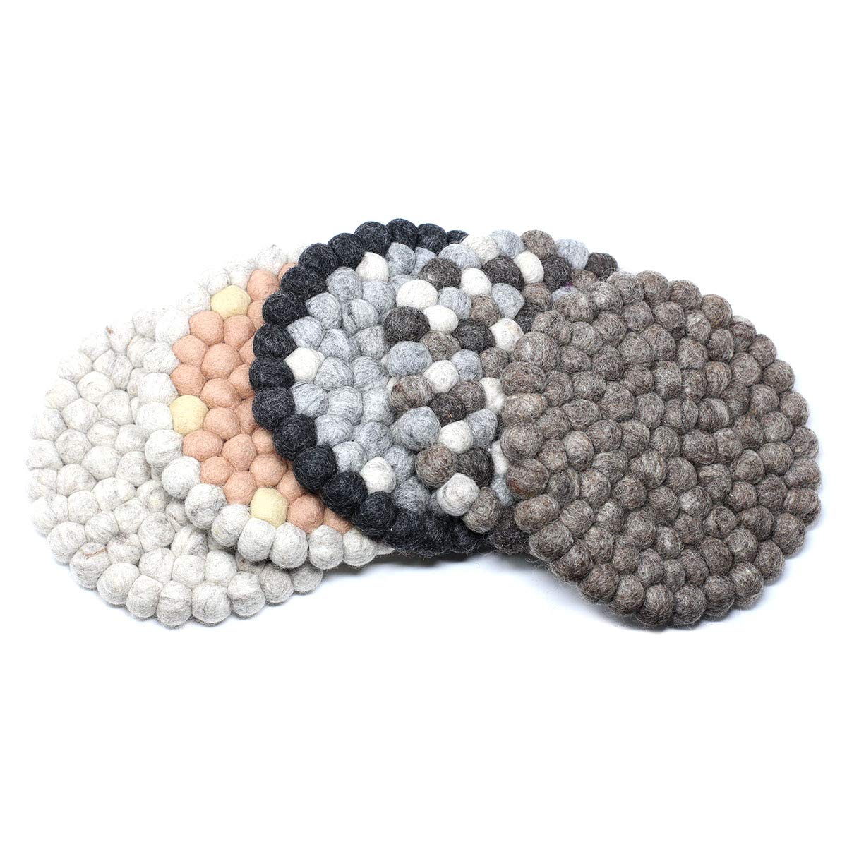 Global Crafts Hand Crafted Felt Ball Wool Trivet Mat From Nepal, 8'' Round Pad, Light Grey