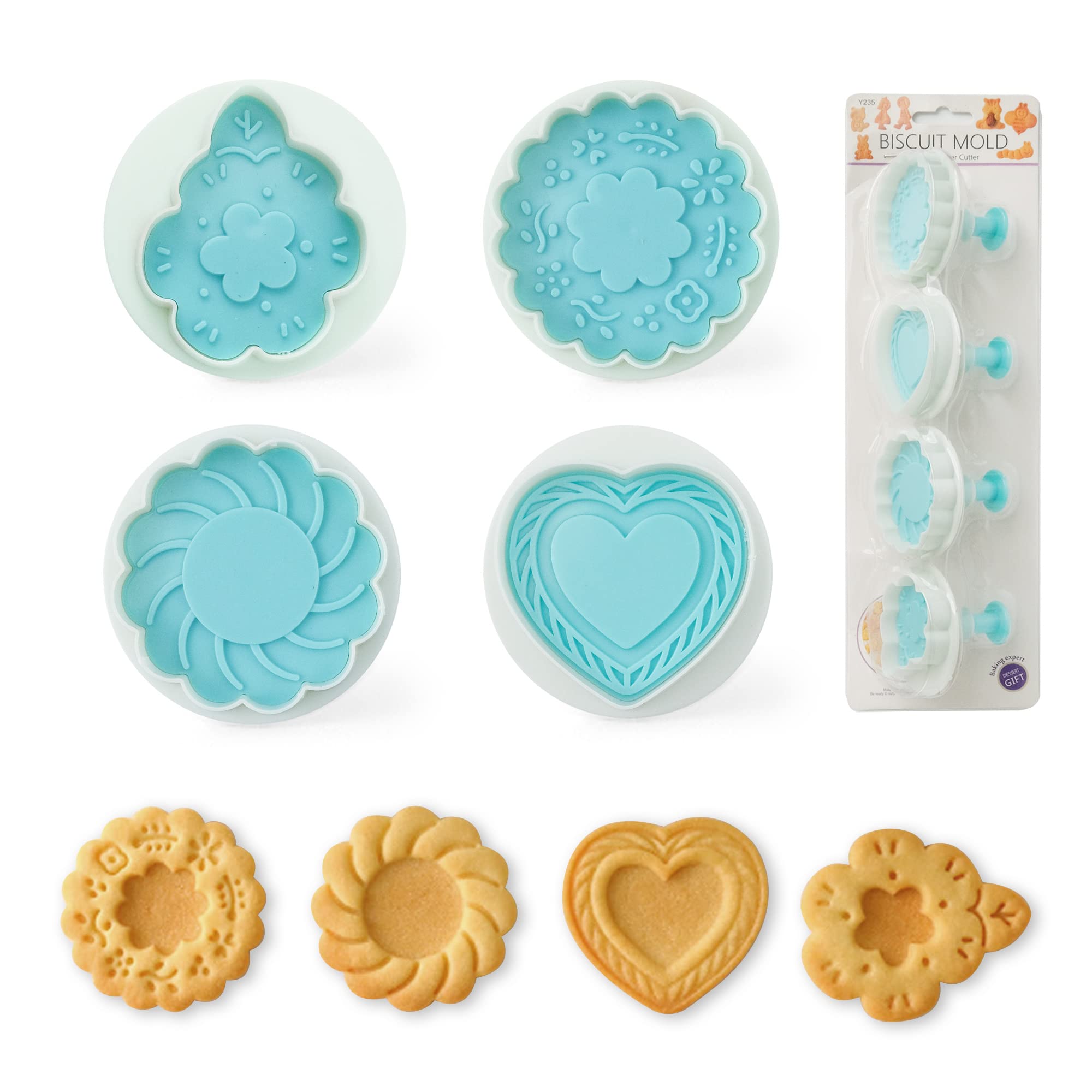 Cookie Stamps Set Of 4, Cookie Press Mold, Decorating Supplies For Diy Baking, Cake, Pastry, Easy To Use-Flower Heart