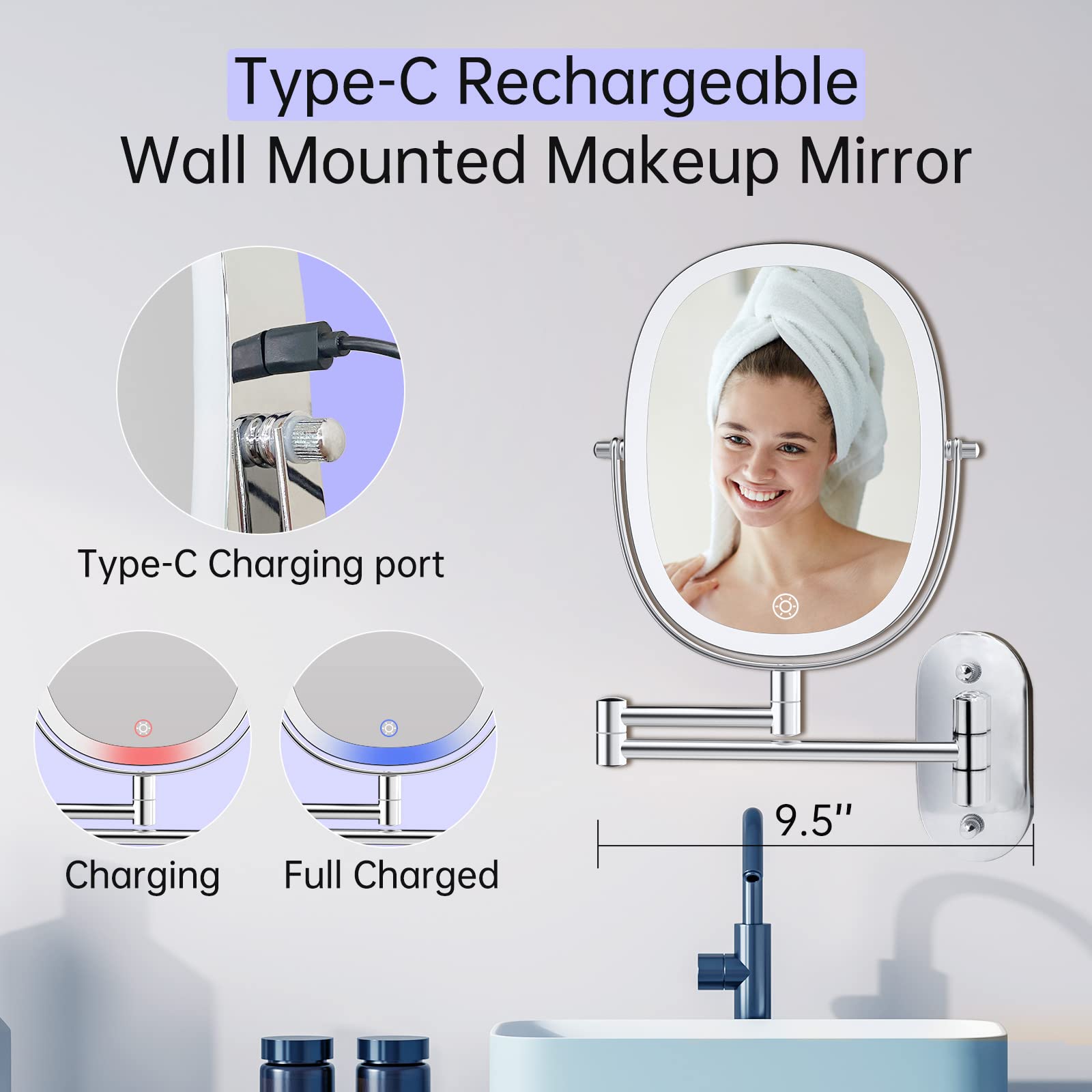 Funtouch Rechargeable Lighted Wall Mounted Makeup Mirror, Double Sided 1X/7X Magnifying Mirror, 3 Lights Option Dimmable, Extens