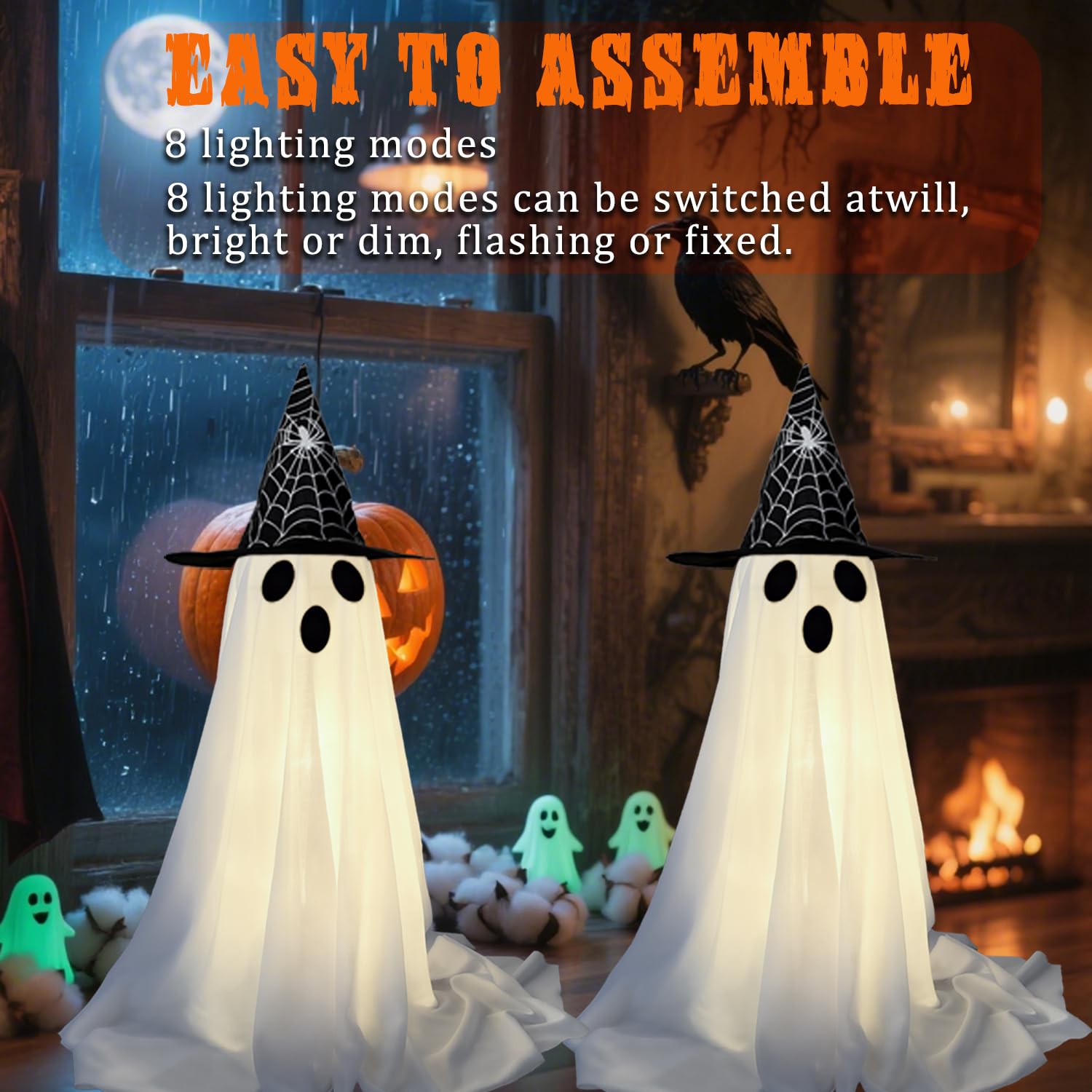 Halloween Outdoor Decor - 2 Pack Halloween Ghost Decorations with 8 Modes LED Light - Scary Standing Ghosts Decor for Indoor Fro