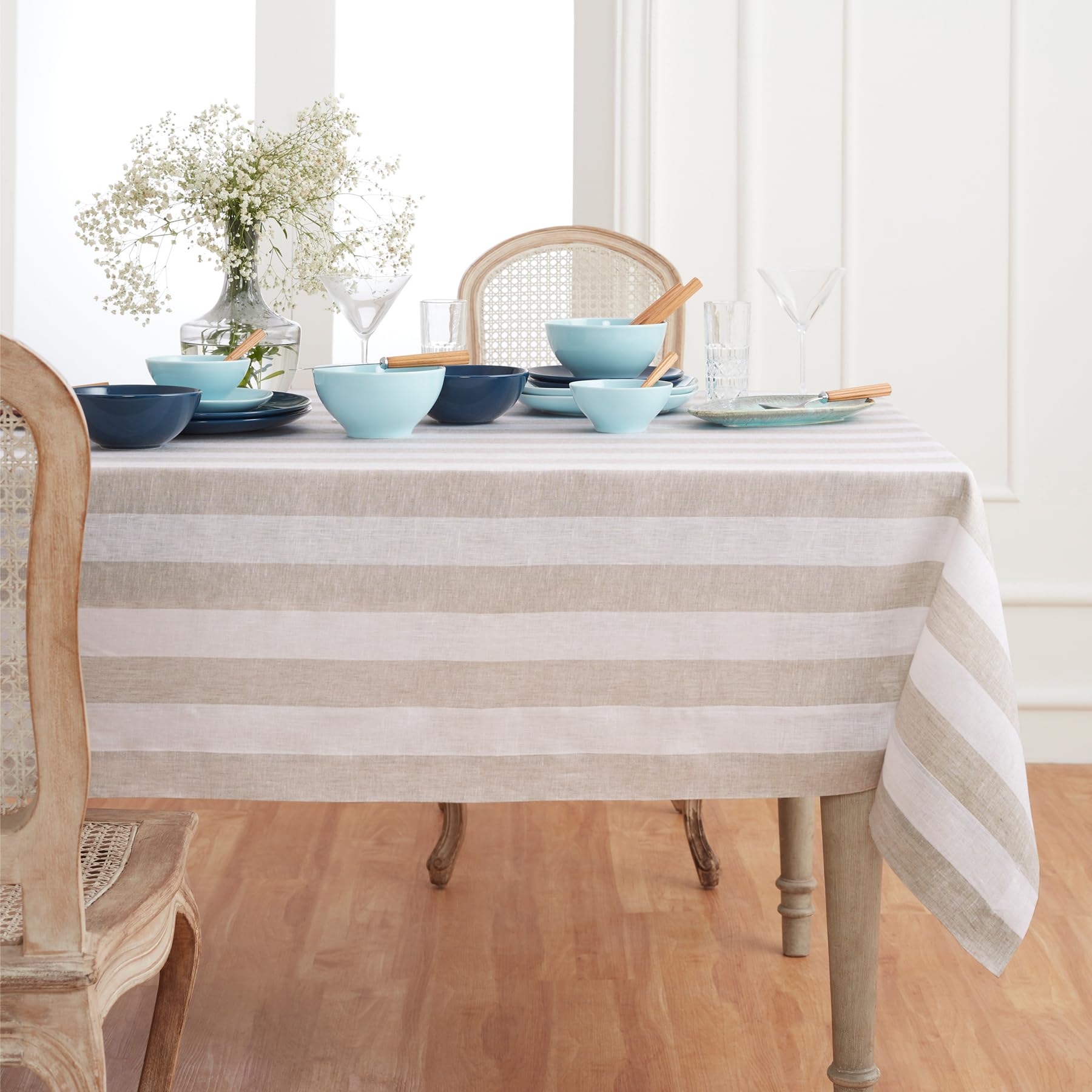 Solino Home Cabana Stripe Linen Tablecloth 120 '' L X 60 '' W Inch - 100% Pure Linen Natural And White Tablecloth - Machine Wash