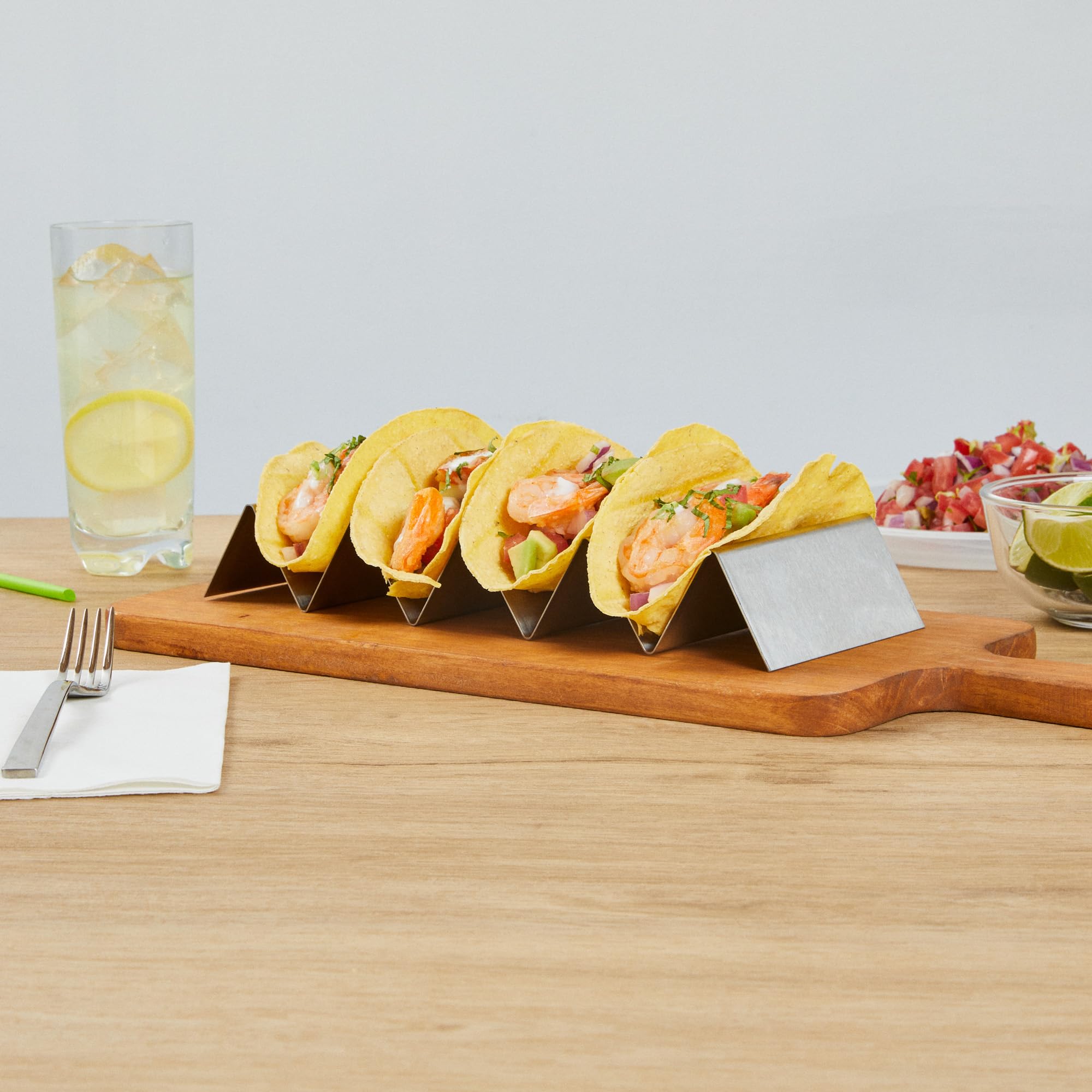 Restaurantware 10.7 Inch X 4 Inch Taco Stand 1 Holds 4 Tacos Taco Rank - Reversible Dishwasher Safe Stainless Steel Taco Holder