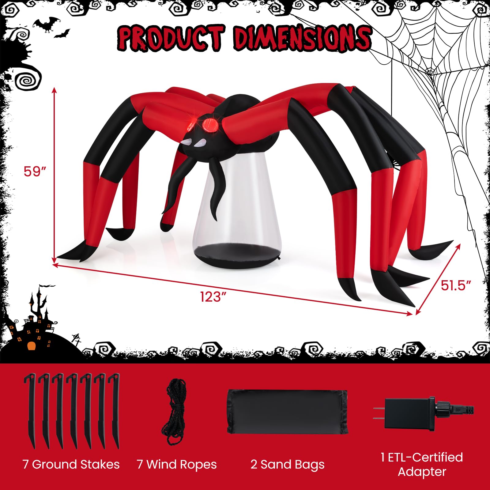 Tangkula 5 FT Inflatable Spider Halloween Decoration, Blow Up Yard Scary Spider with Red Tunnel Light Eyes, LED-lit Holiday Yard