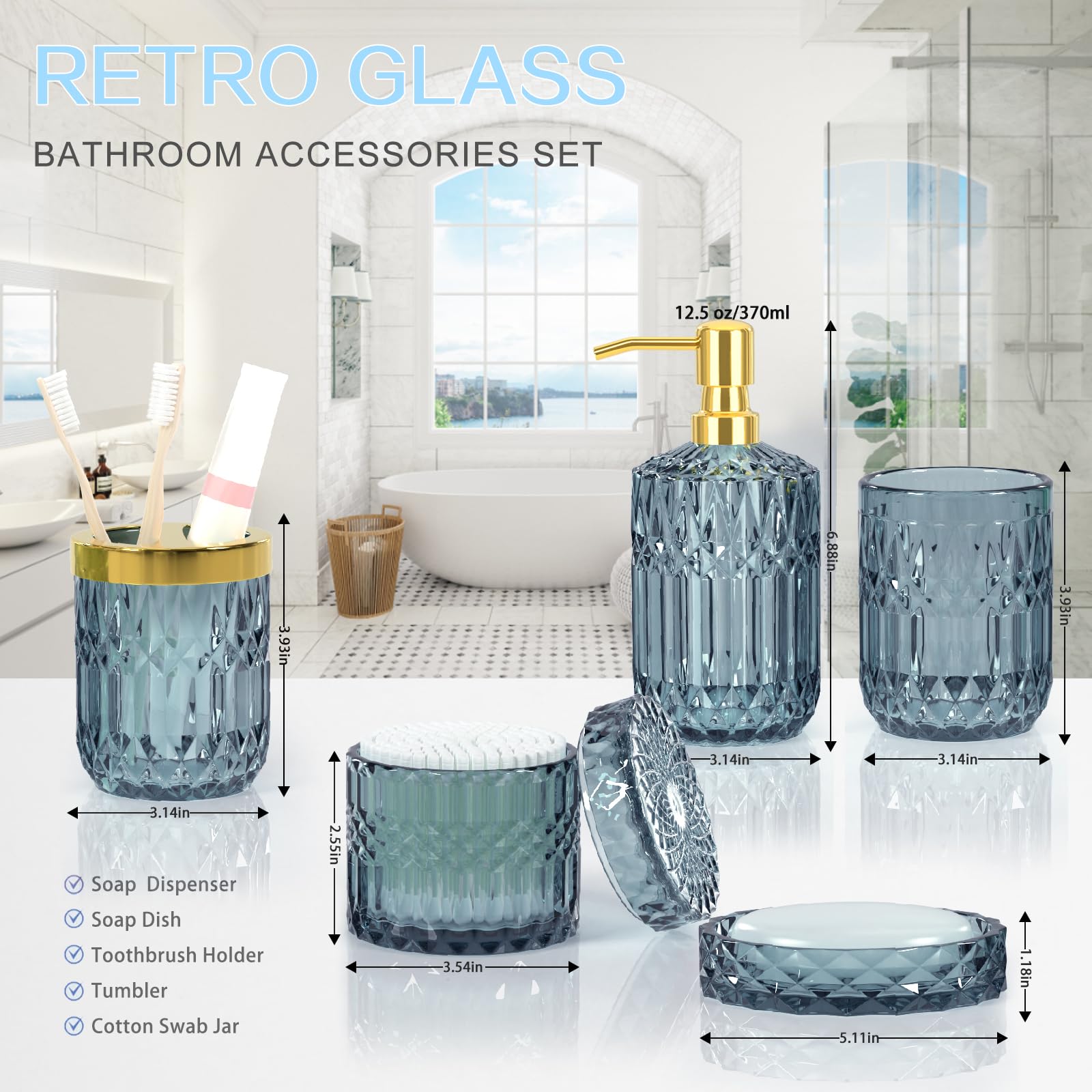 Blue Bathroom Accessories Set - 5Pcs Clear Glass Bathroom Accessory Set (Toothbrush Holders, Soap Dispenser, Soap Dish, Tumbler,