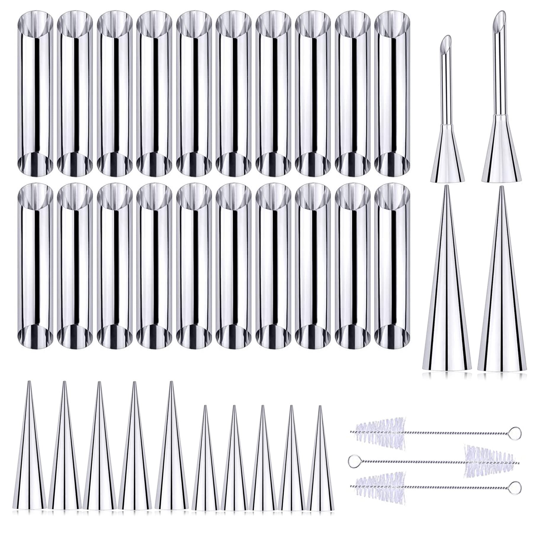 Woohome 37 Pcs Cannoli Tubes Puff Nozzle Set, Stainless Steel Cannoli Forms Cream Horn Molds Piping Puff Nozzle, Croissant Mold