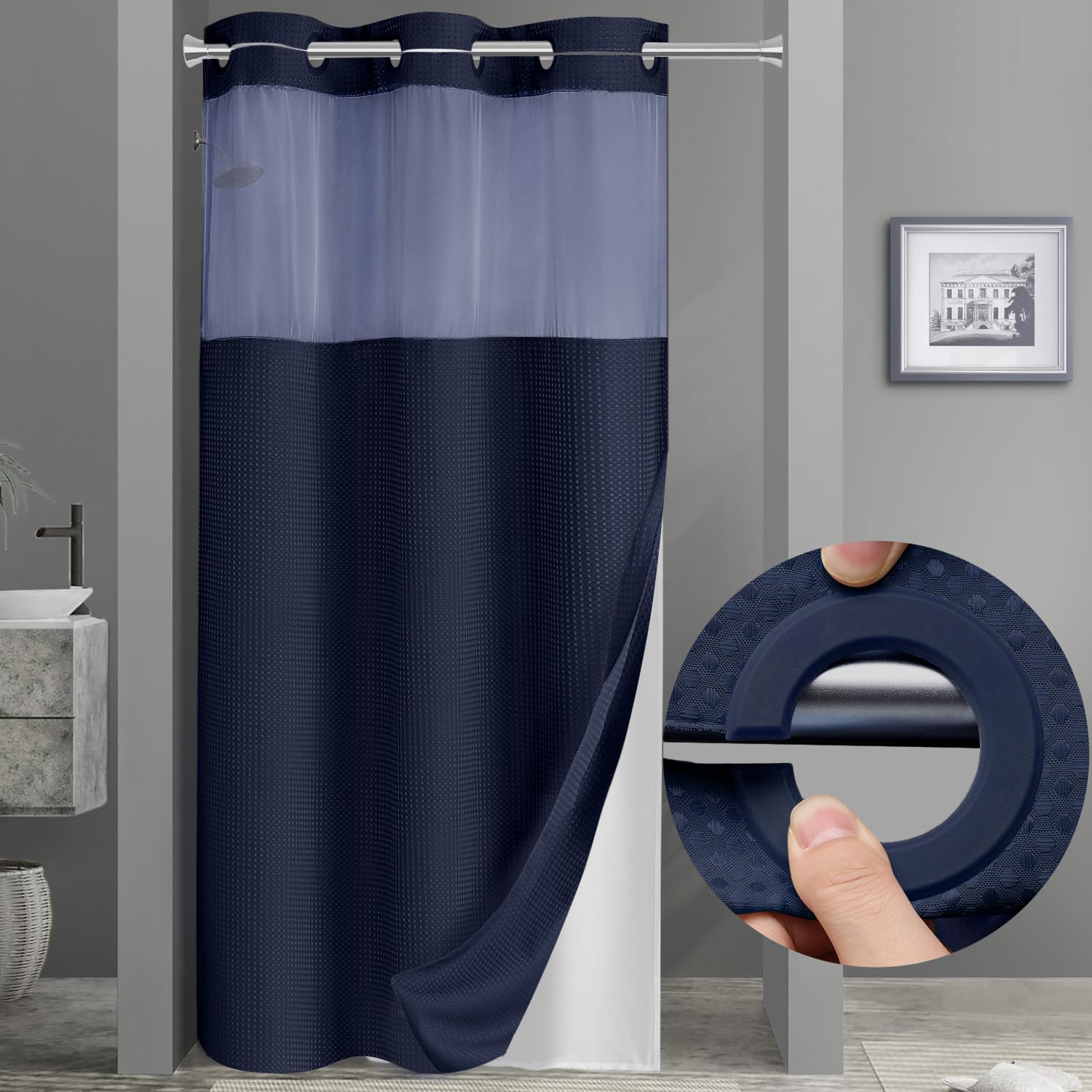 YellyHommy No Hook Shower Curtain with Snap in Liner Set Less Time Light Gray Waffle Shower Curtain for Bathroom 78 L x 72 W