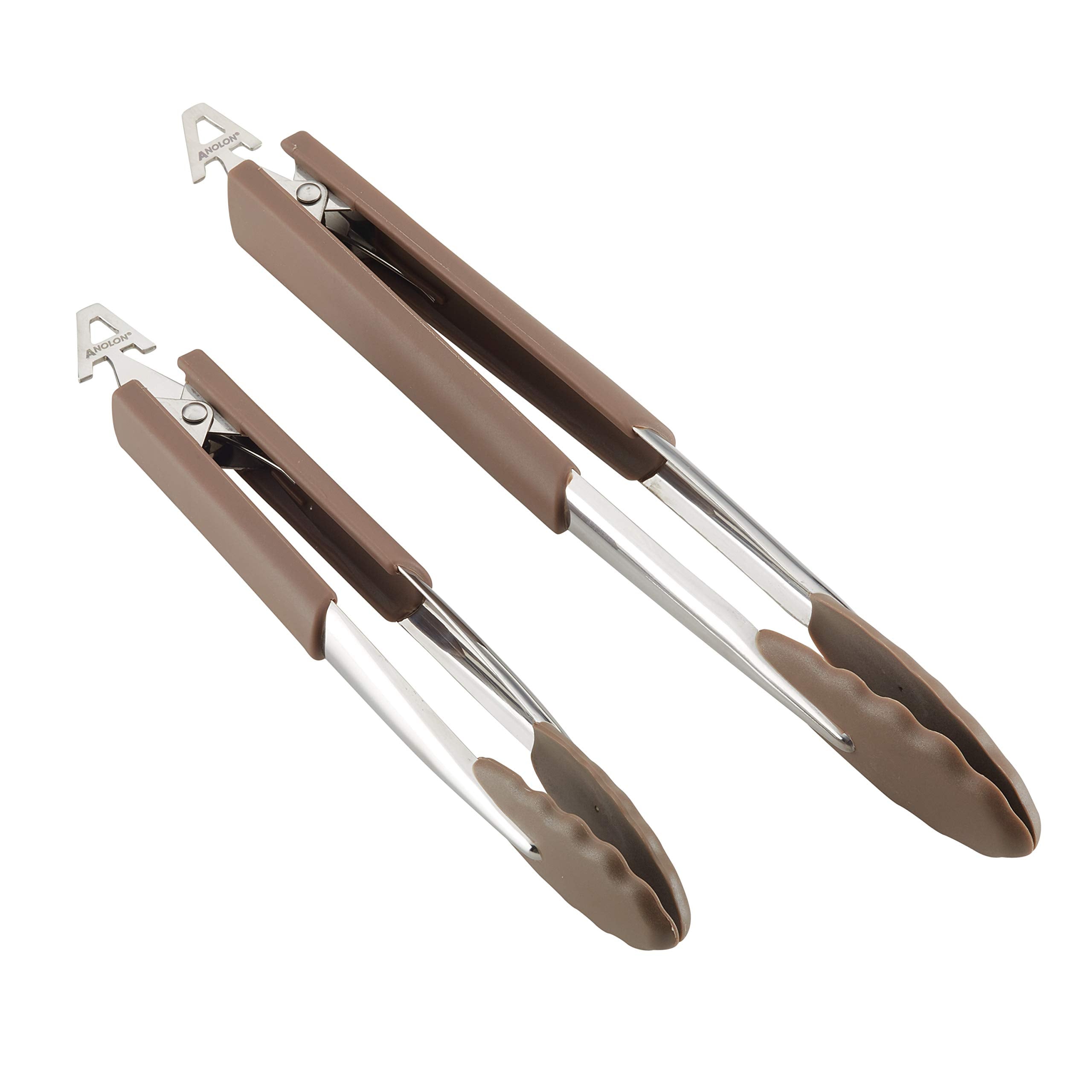 Anolon Suregrip Dishwasher Safe Nonstick Locking Cooking Tongs Set/Salad Serving Tools, 9 Inch And 12 Inch, Bronze Brown