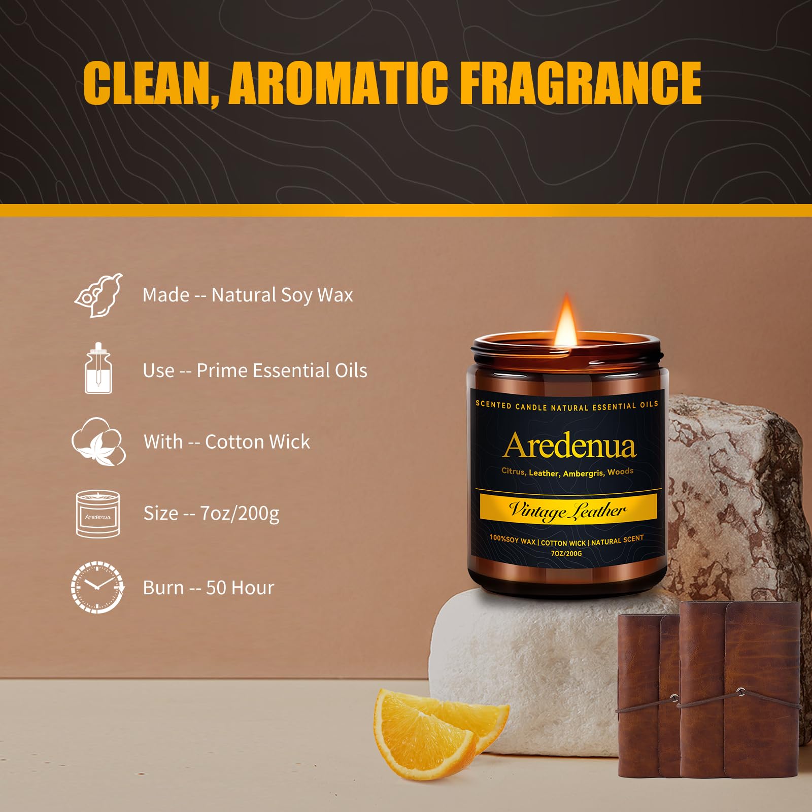 Vintage Leather Candle - Masculine Candles for Men, Soy Candles with Classic Leather Aroma, Long Lasting Manly Scented Candle fo