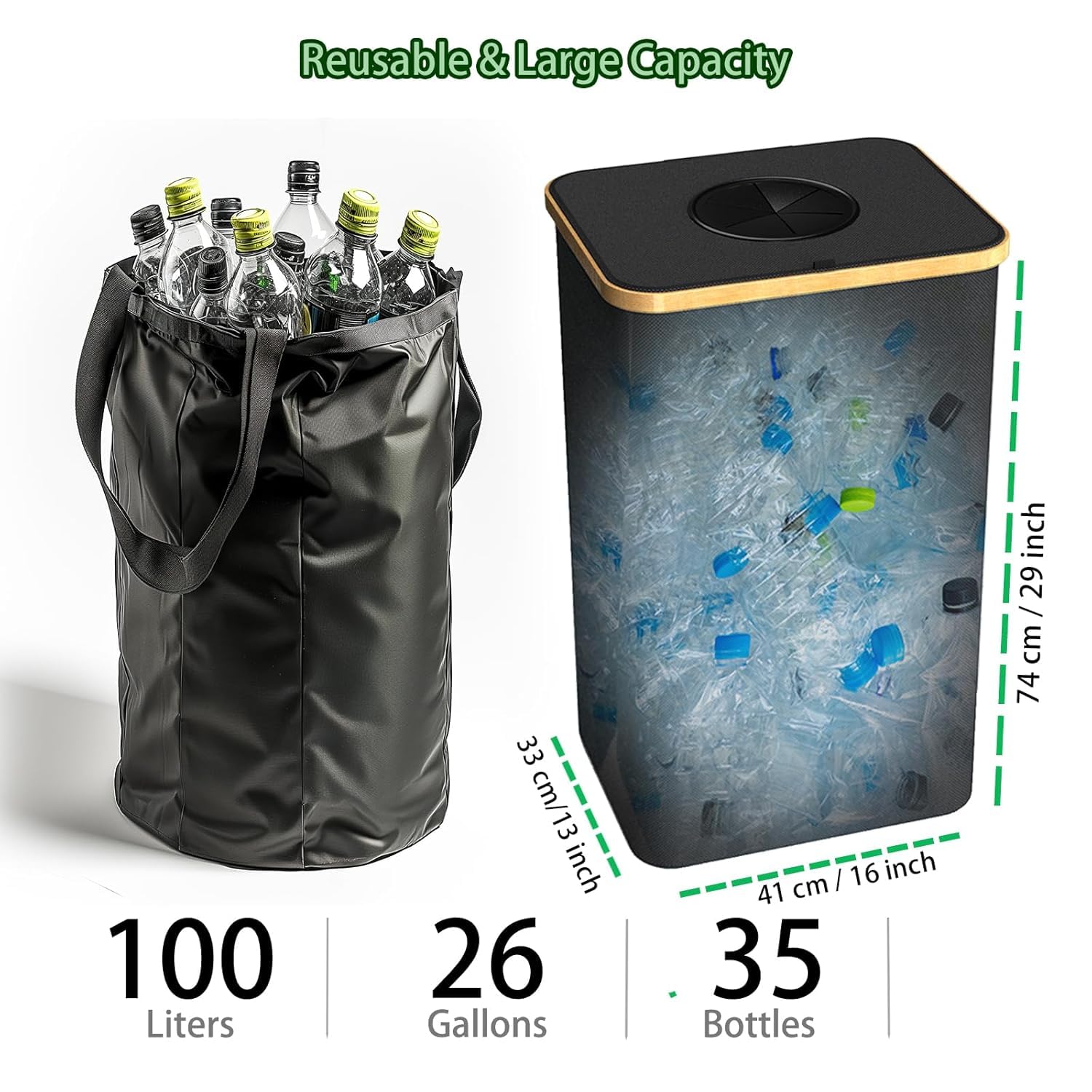 Pakusane Recycling Bin For Kitchen Indoor Home, Large 26 Gallon 100L Recycle Bin With Lid Removeable Reusable Inner Bag Bottle C
