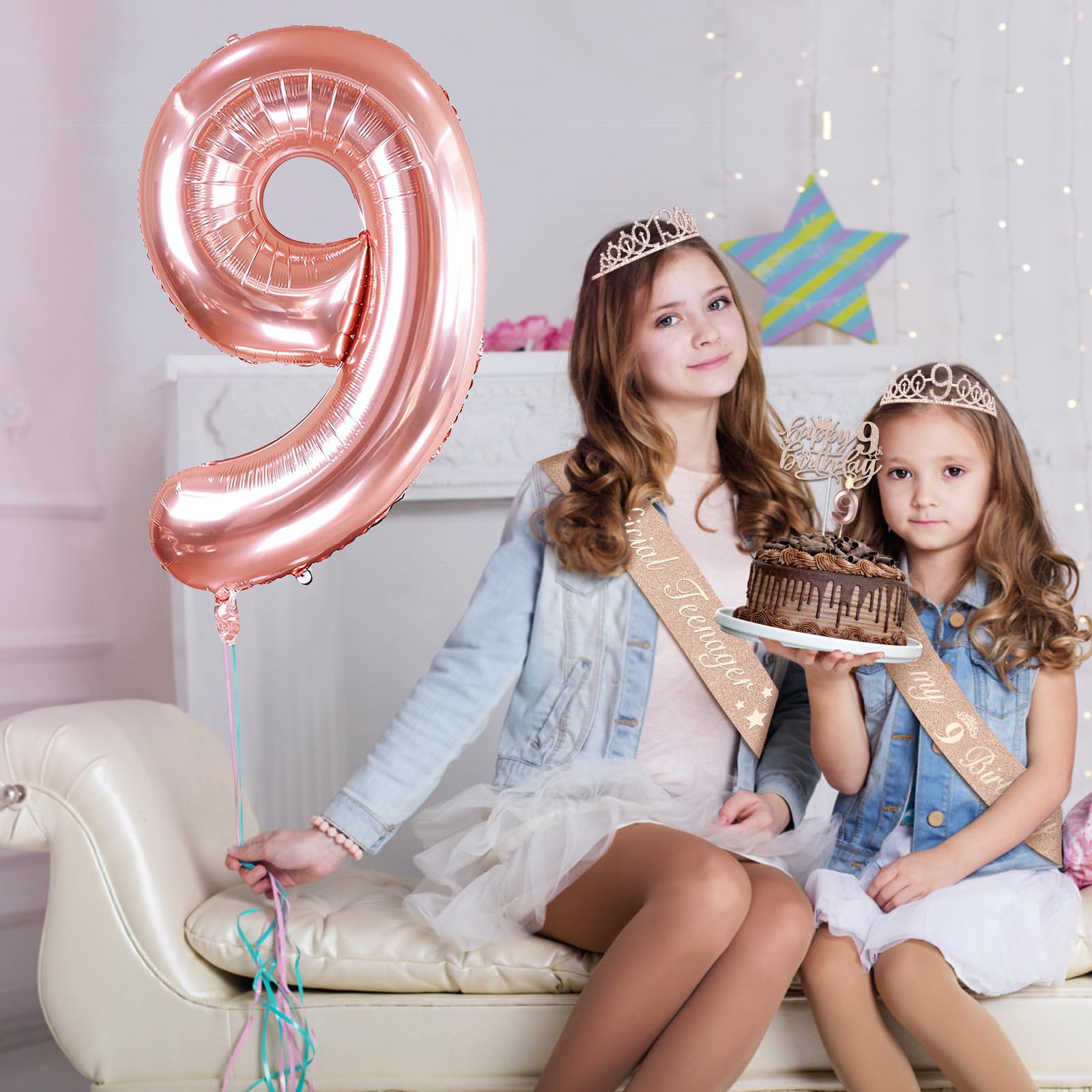 9Th Birthday Decorations For Girl Including 9Th Birthday Girl Sash And Tiara For Girls, 9 Birthday Candles And Cake Topper, 9 Ba