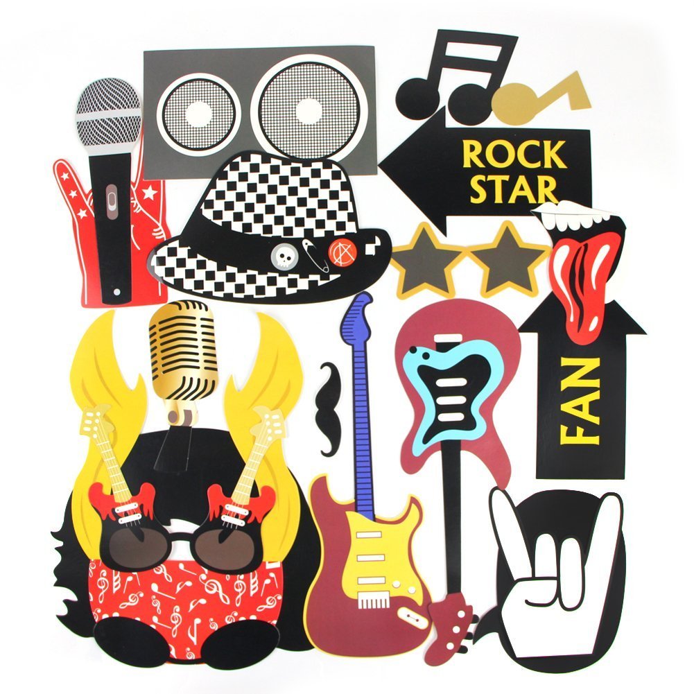 SUNBEAUTY 18 Pcs Rock and Roll Birthday Party Decorations Music Note Guitar Star Photo Booth Props Music Theme Party Supplies