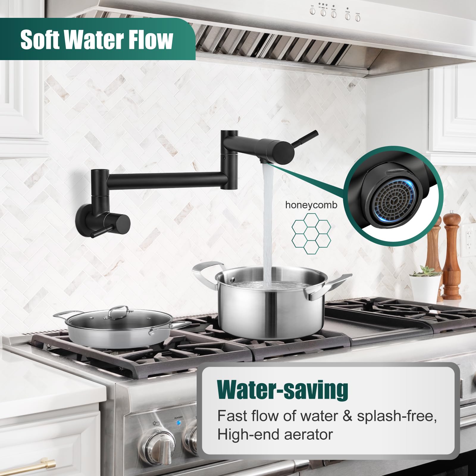 Heyalan Matte Black Pot Filler 19 Inch Wall Mount Folding Stretchable Kitchen Restaurant Faucet Stainless Steel Pot Filler with Double Joint Swing Arm Single Hole Two Handles Commercial NPT