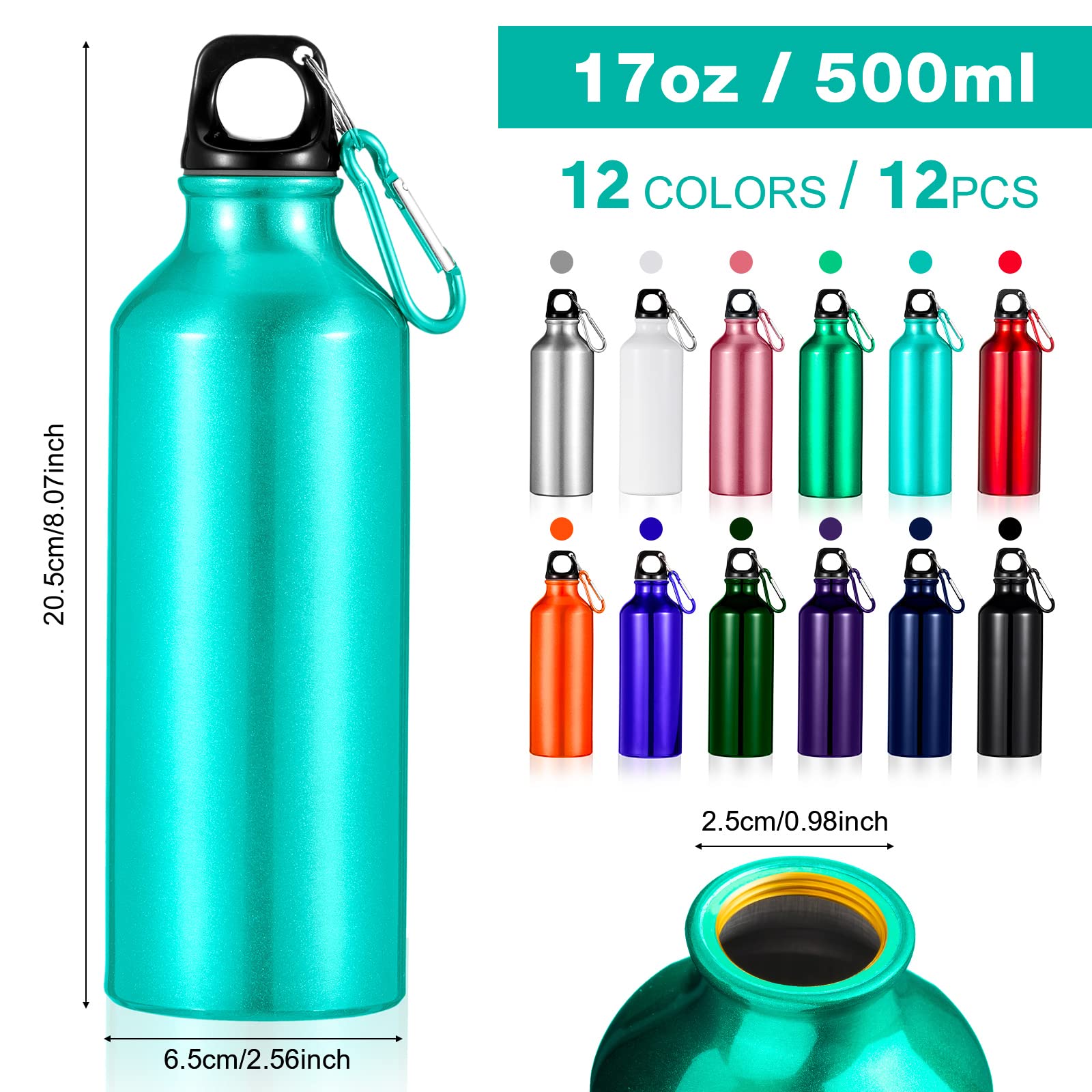 Gandeer 12 Pieces Aluminum Water Bottle 17 oz Aluminum Bike Water Bottle Backpacking Water Bottles Reusable Bottles Sports Bottle Leak Proof Travel Bottles with Buckle and Twist Cap (Assorted Color)